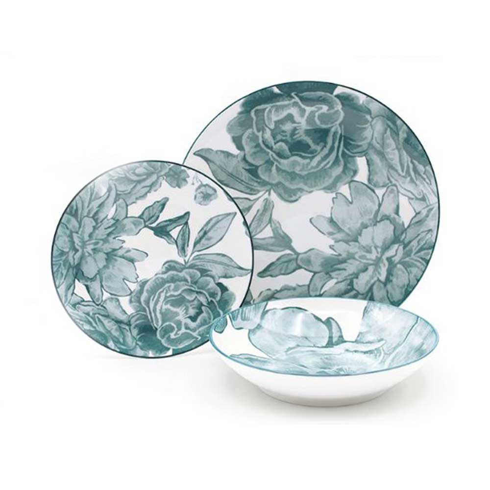 Casa Milano Servizio 18 Piatti Bouquet In Porcellana Colore Ottanio