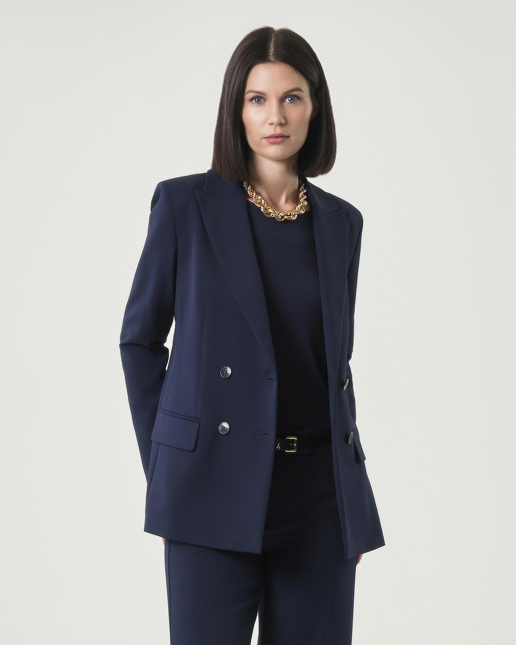 Blazer blu doppiopetto Emme Marella in tessuto diagonale stretch con scollo a rever