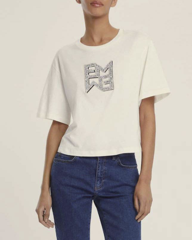T-shirt bianca Emme Marella cropped in cotone con logo Emmegram in cristalli applicati sul davanti