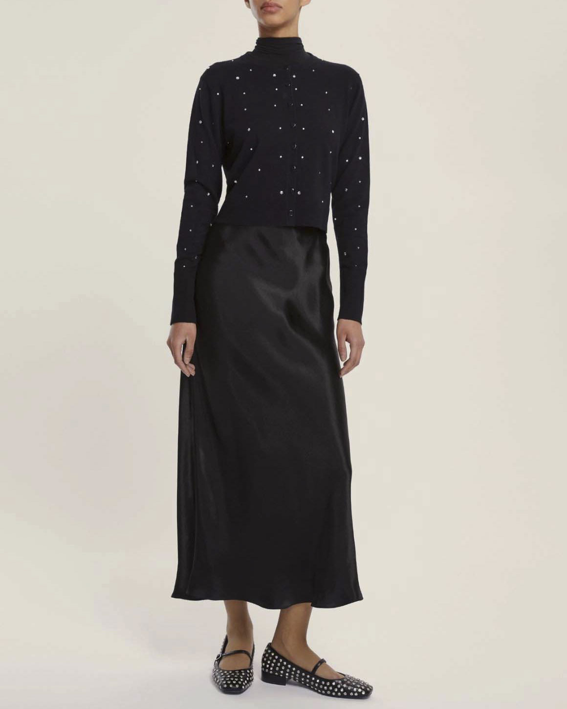 Cardigan nero Emme Marella in misto viscosa con scollo tondo e strass applicati sul davanti e maniche