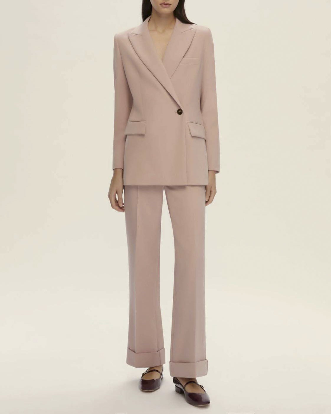 Pantaloni rosa cipria Emme Marella in tessuto doppio stretch di misto viscosa dalla linea dritta con risvolto al fondo