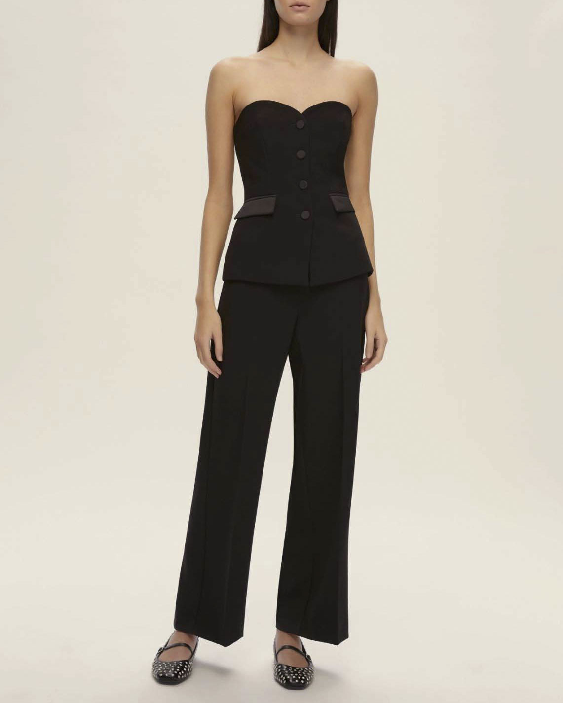 Completo nero Emme Marella a bustier con scollo a cuore e pantalone straight con vita in raso