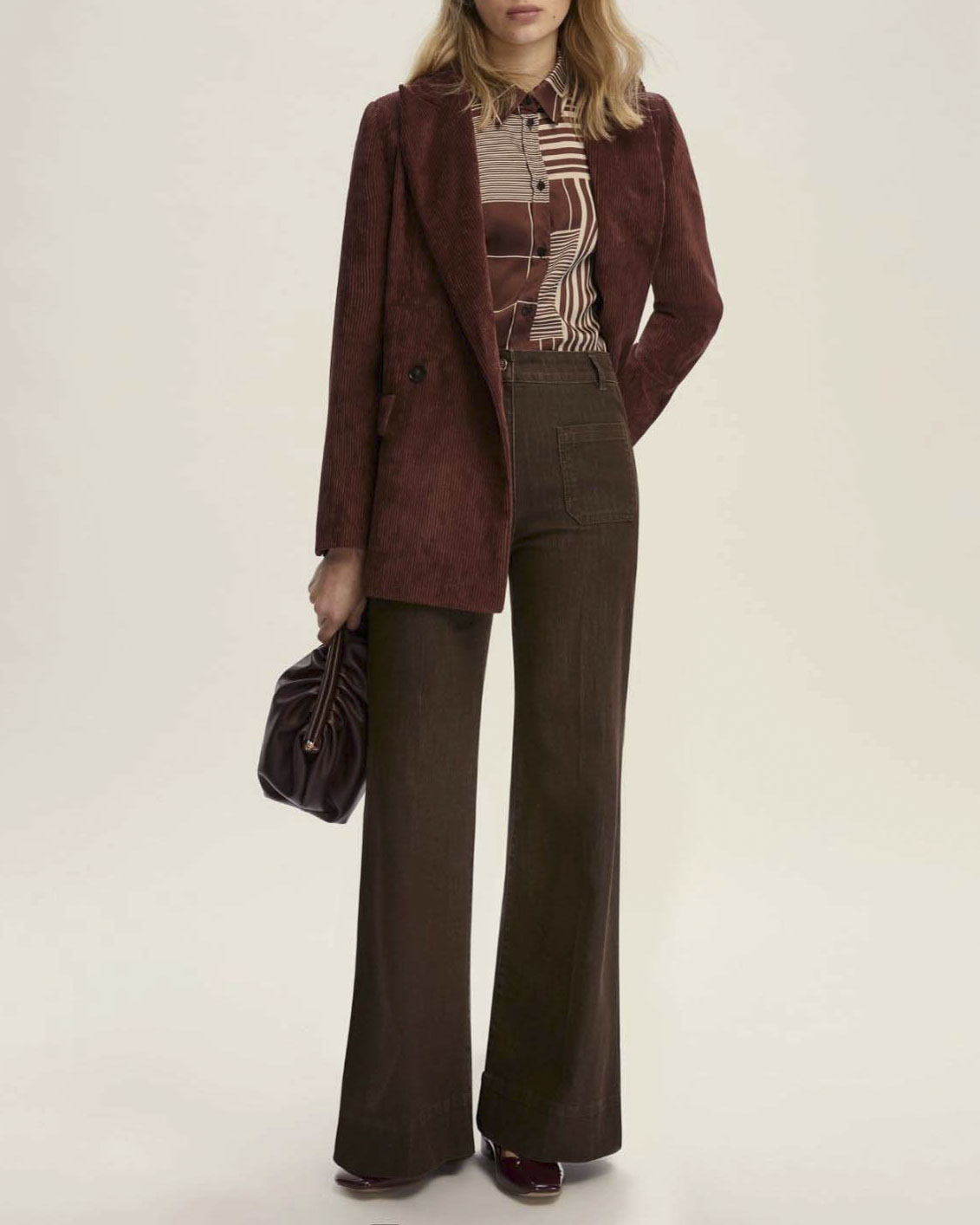 Pantaloni palazzo marroni Emme Marella in bull di cotone stretch a vita alta con taschini applicati