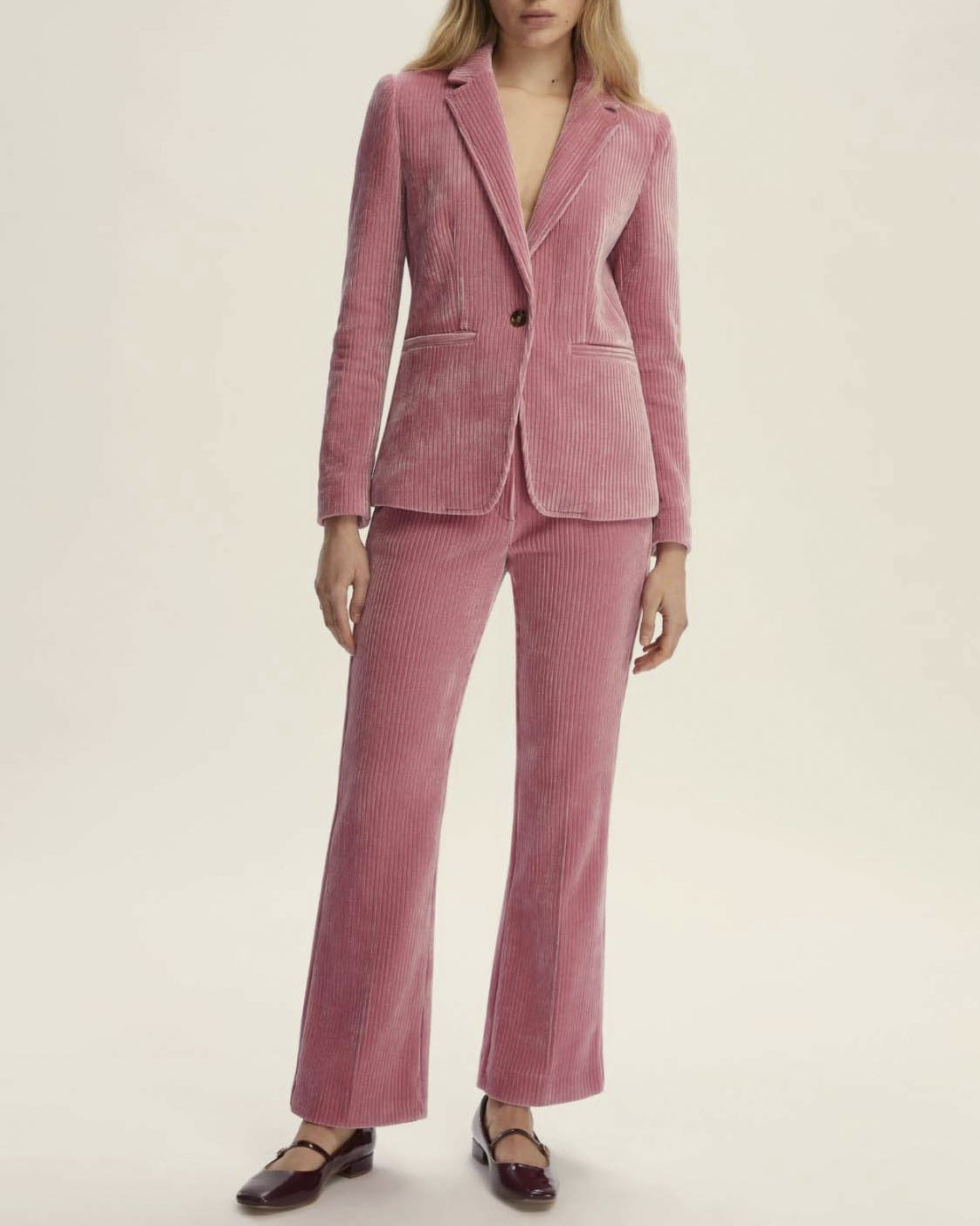 Pantaloni rosa Emme Marella in jersey di velluto a coste stretch flare al fondo