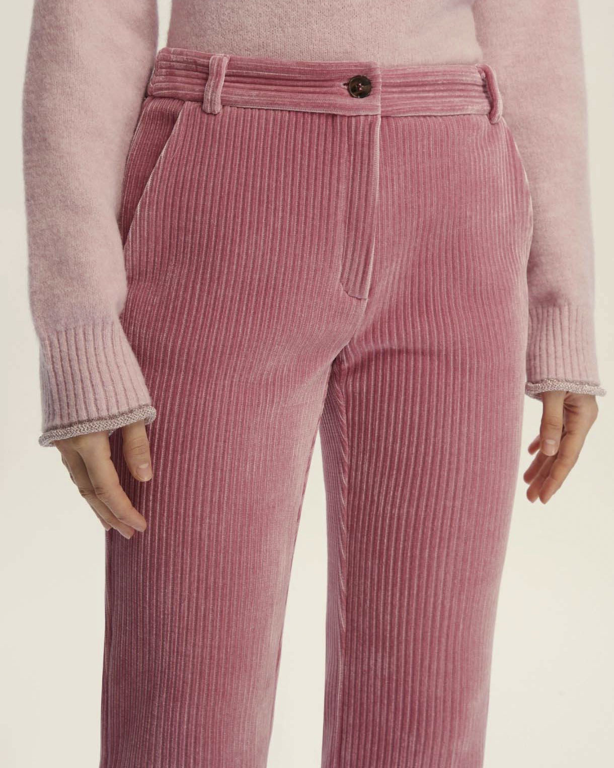Pantaloni rosa Emme Marella in jersey di velluto a coste stretch flare al fondo image