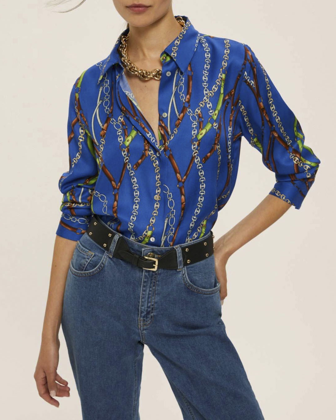 Camicia blu China Emme Marella in raso di viscosa a stampa briglie verdi e bordeaux