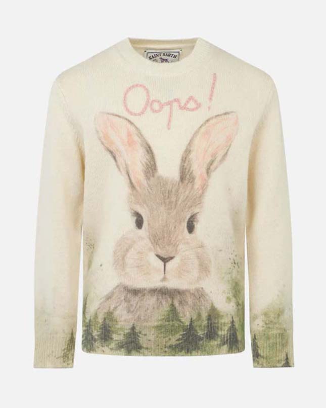 Maglia avorio MC2 Saint Barth girocollo in misto lana e cashmere con grafica coniglietto e scritta Oops!