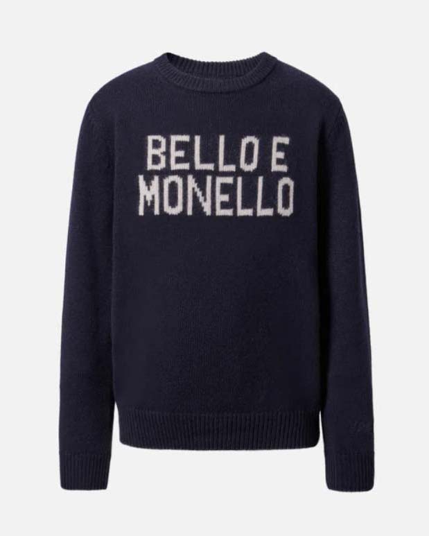 Maglia blu MC2 Saint Barth girocollo in misto lana e cashmere con scritta Bello e Monello