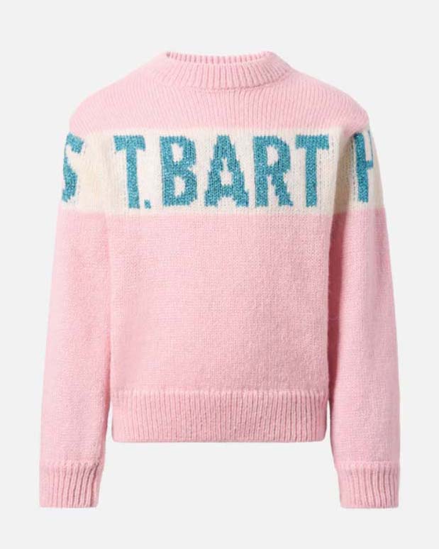 Maglia MC2 Saint Barth rosa in misto lana con scritta azzurra glitterata