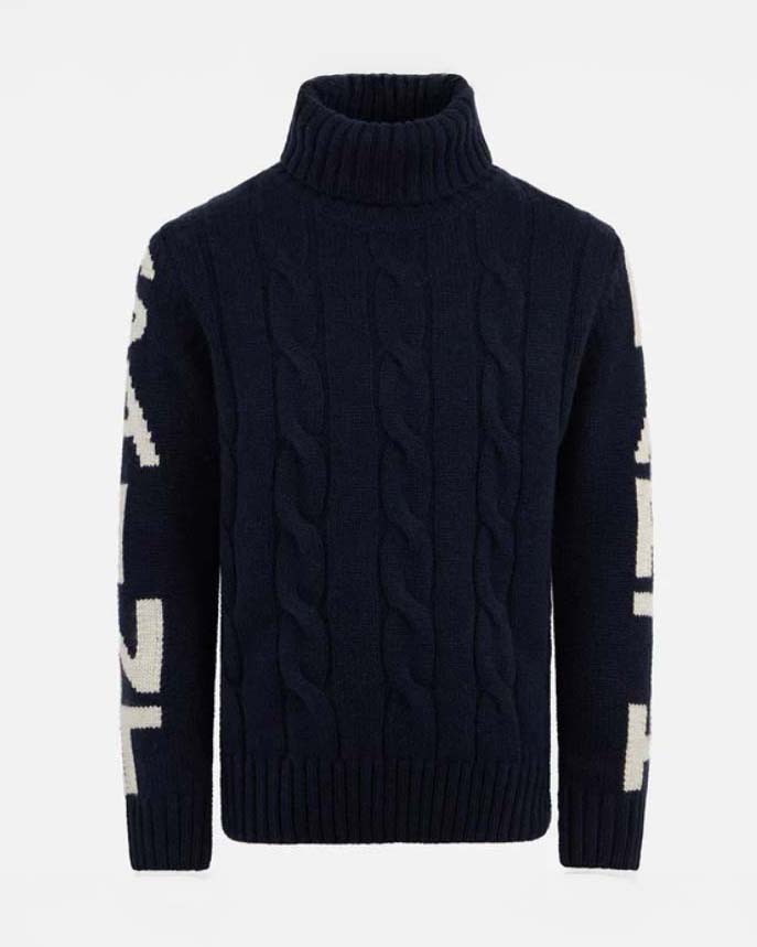 Dolcevita MC2 Saint Barth blu in misto lana e cashmere a trecce con maxi scritta logo sulle maniche