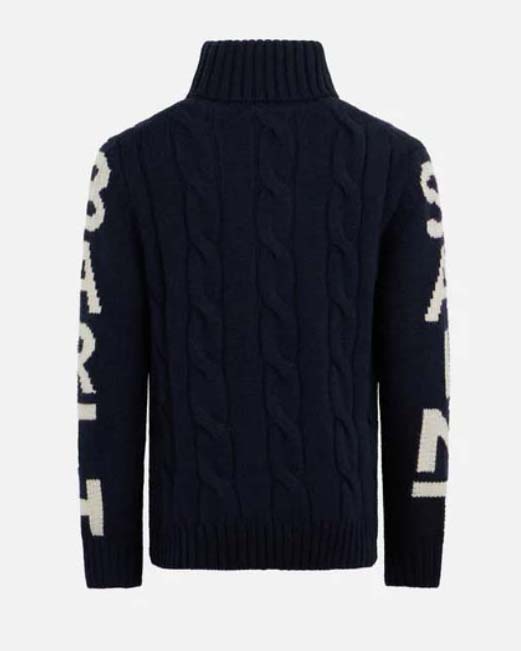 Dolcevita MC2 Saint Barth blu in misto lana e cashmere a trecce con maxi scritta logo sulle maniche image