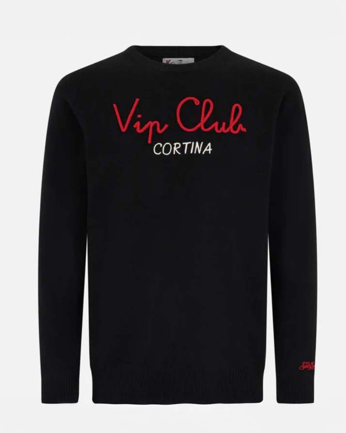 Maglia MC2 Saint Barth nero in misto lana e cashmere con scritta Vip club Cortina