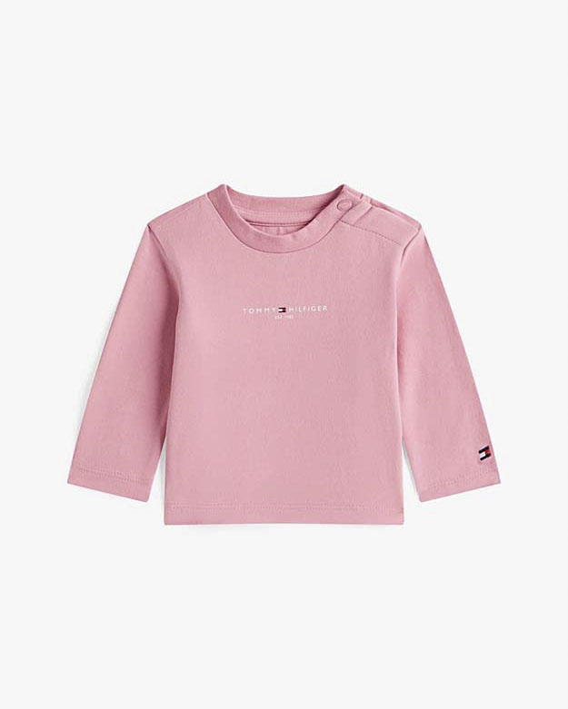 T-shirt Tommy Hilfiger rosa in misto cotone a maniche lunghe e scritta logo
