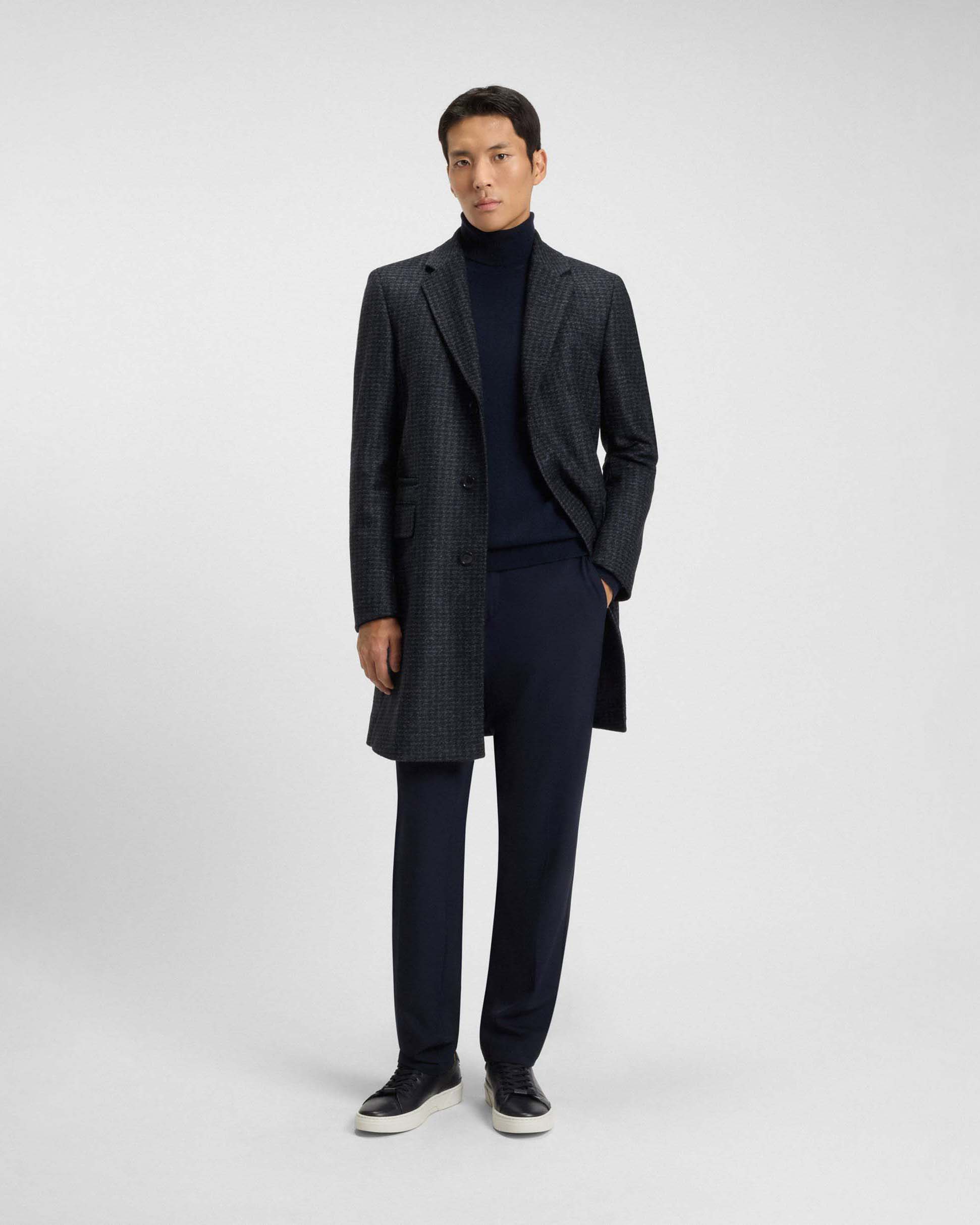 Cappotto Hyde Boss blu in misto lana con motivo pied de poule e davantino in maglia staccabile