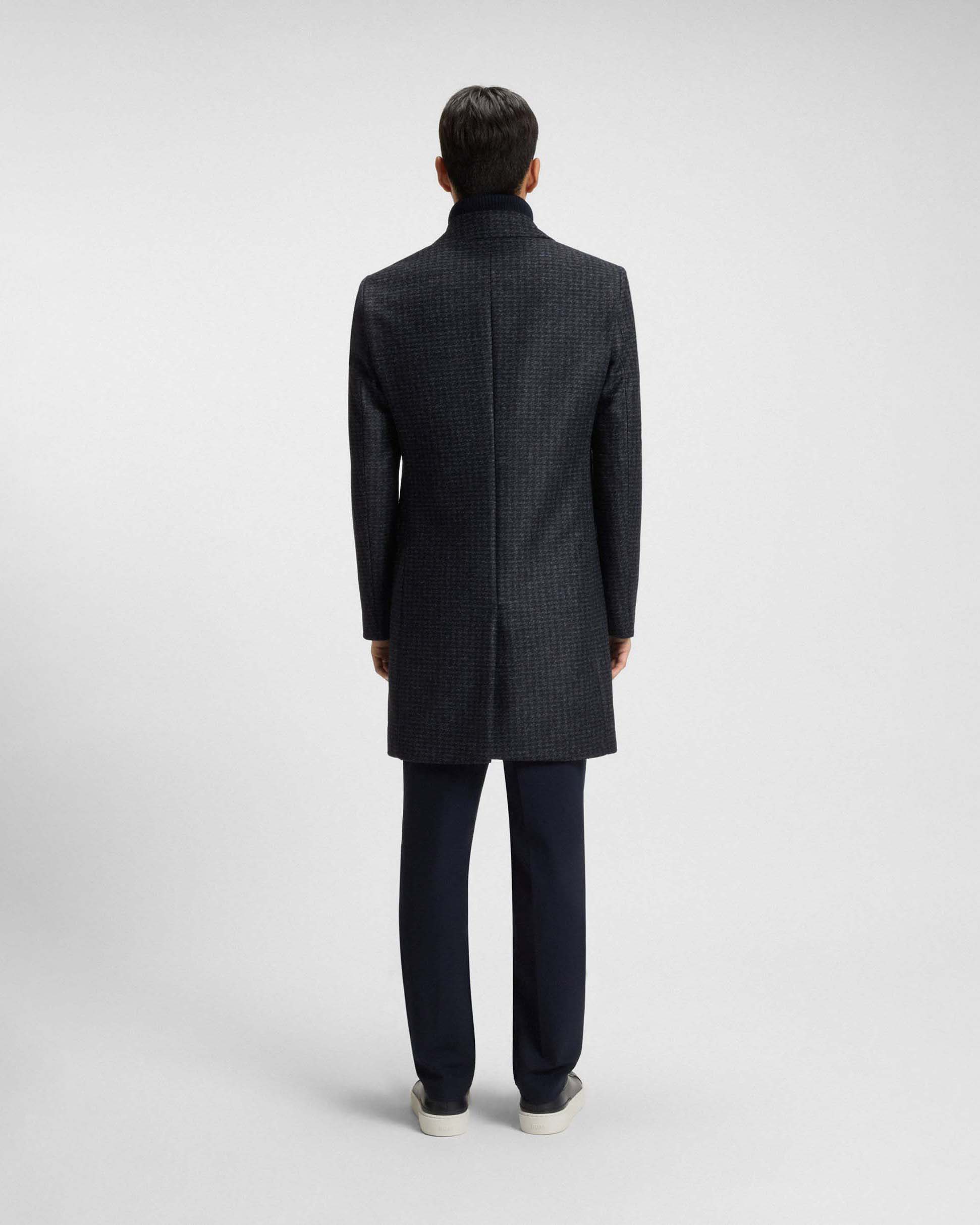 Cappotto Hyde Boss blu in misto lana con motivo pied de poule e davantino in maglia staccabile image