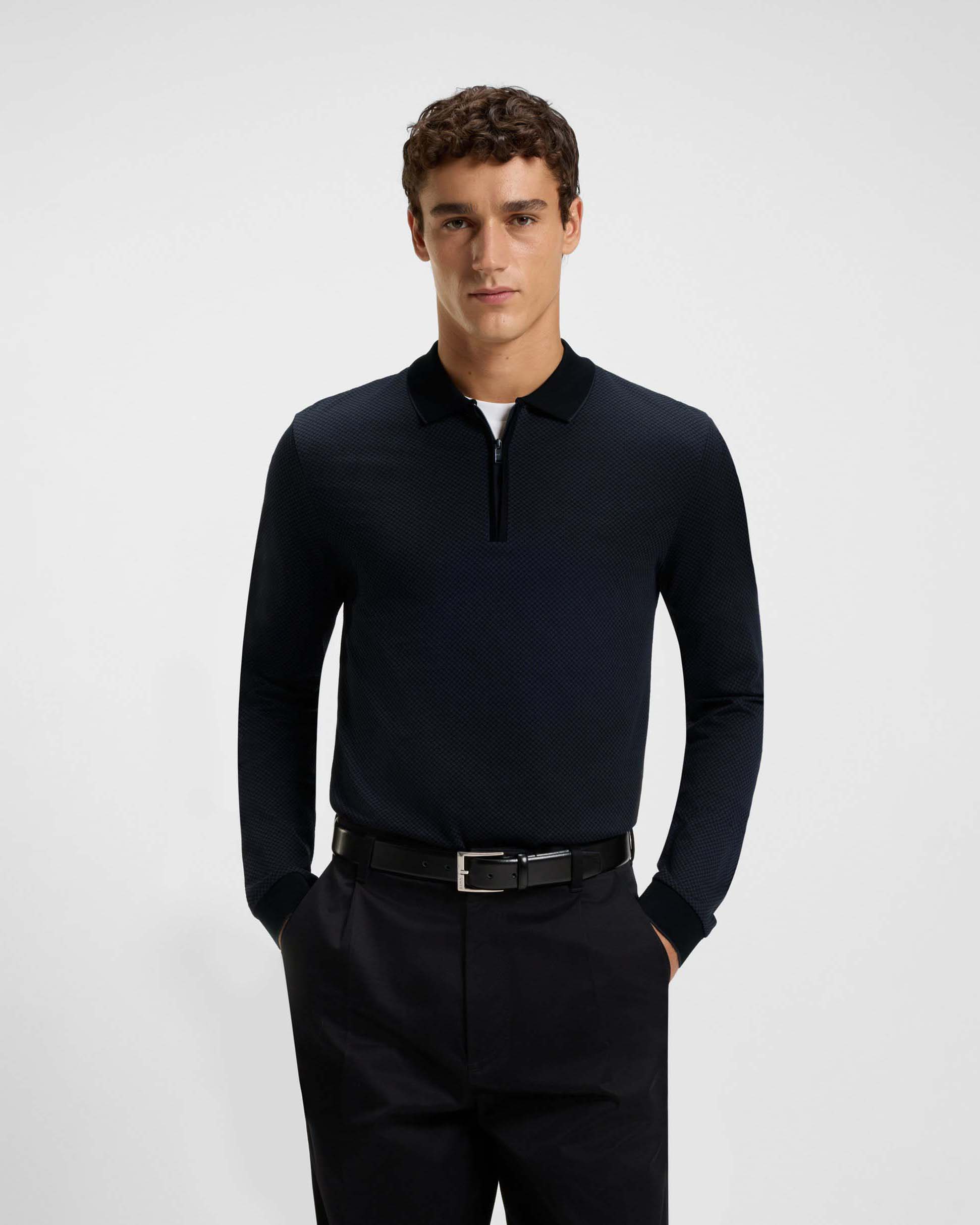 Polo manica lunga Peduzzi Boss nera in cotone mercerizzato con apertura a mezza zip image