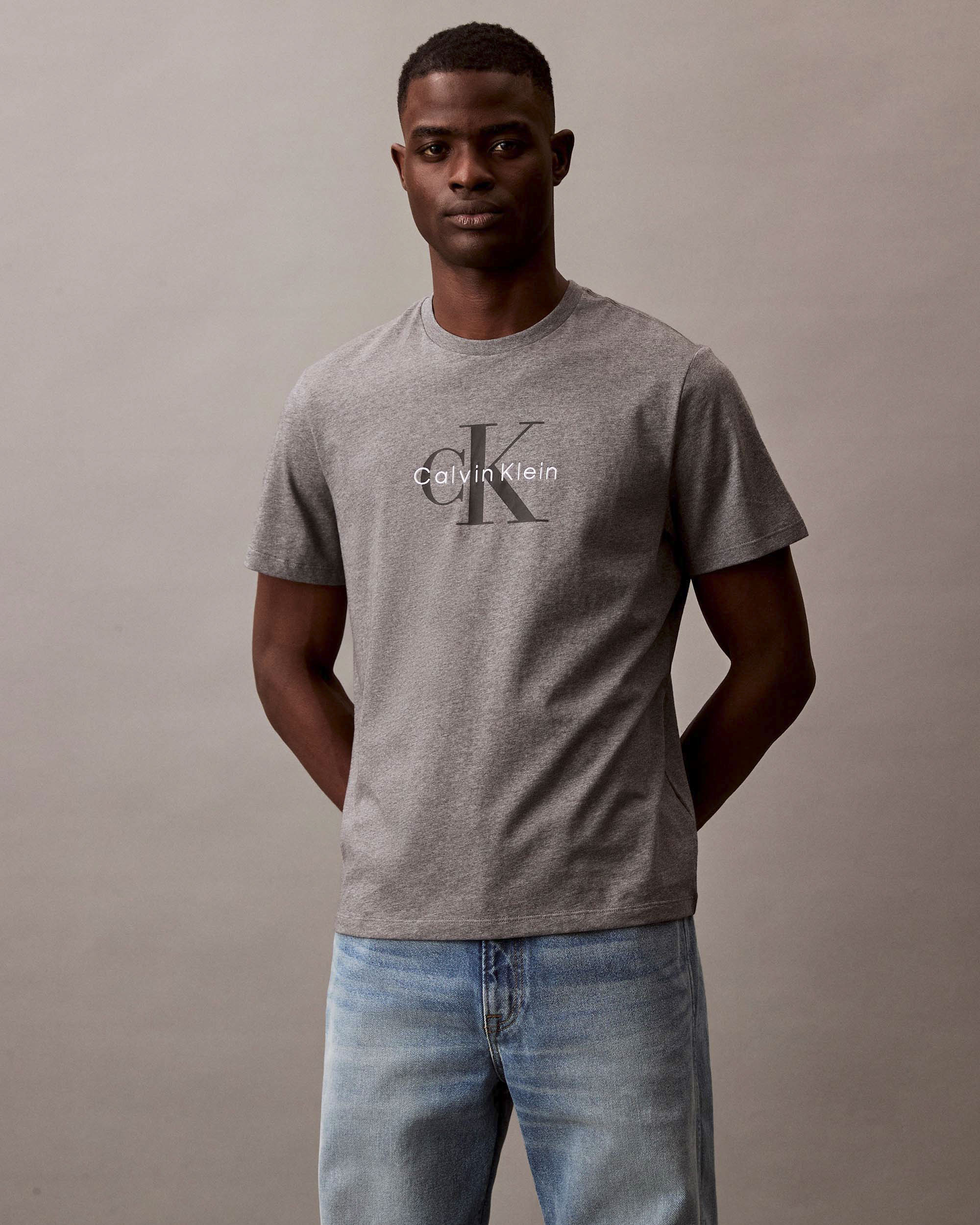 T-shirt relaxed-fit Calvin Klein Jeans grigia in cotone con logo monogramma ricamato frontale