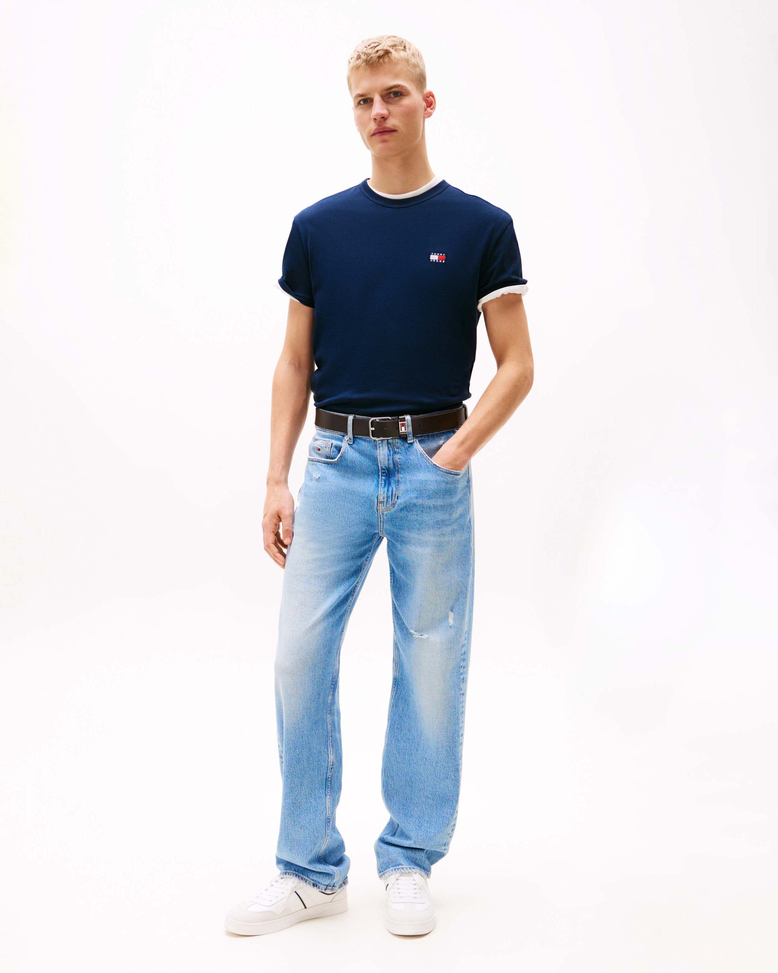 T-shirt mezza manica Tommy Jeans blu regular-fit in puro cotone con logo flag ricamato sul petto