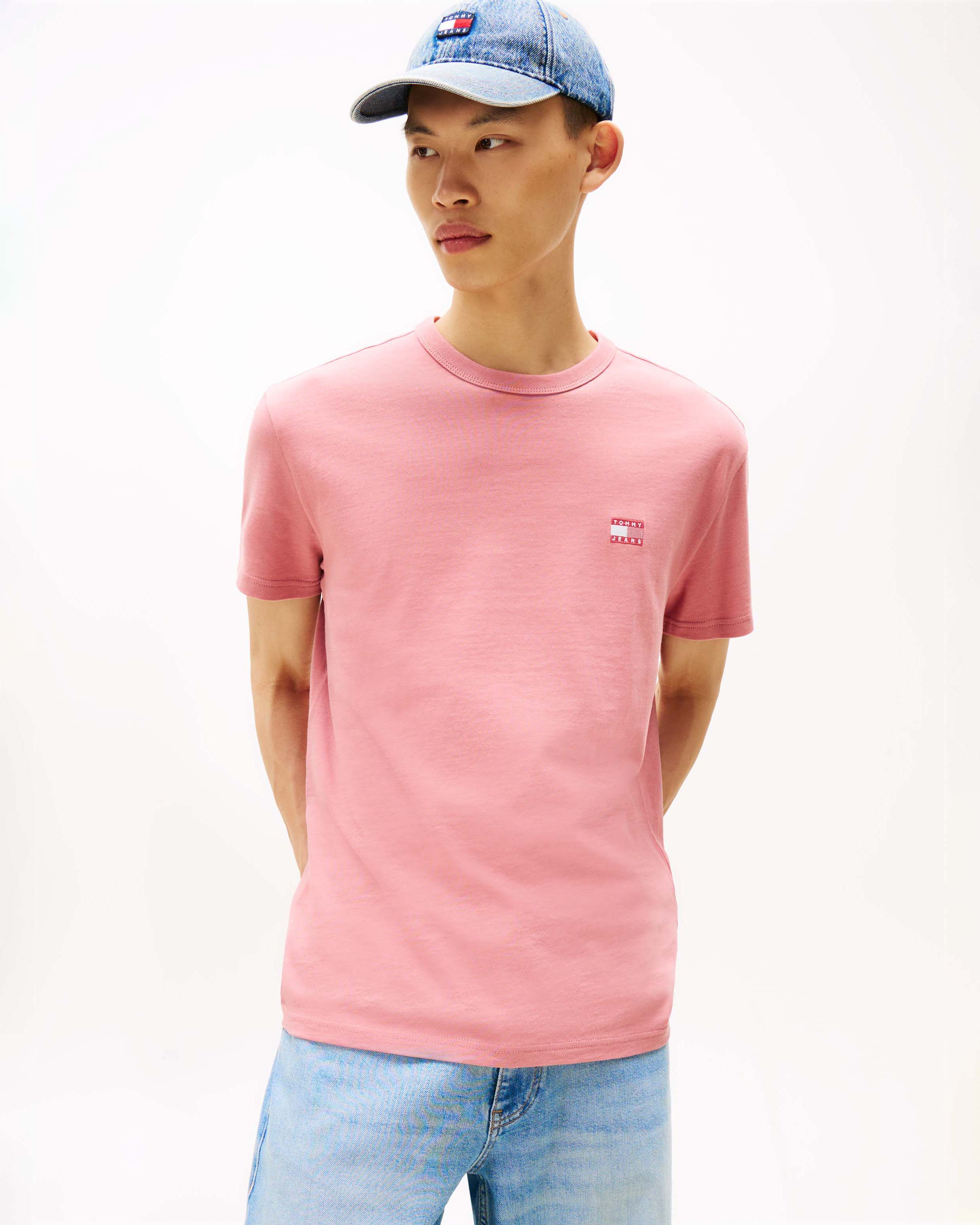T-shirt mezza manica Tommy Jeans rosa regular-fit in puro cotone con logo flag ricamato sul petto