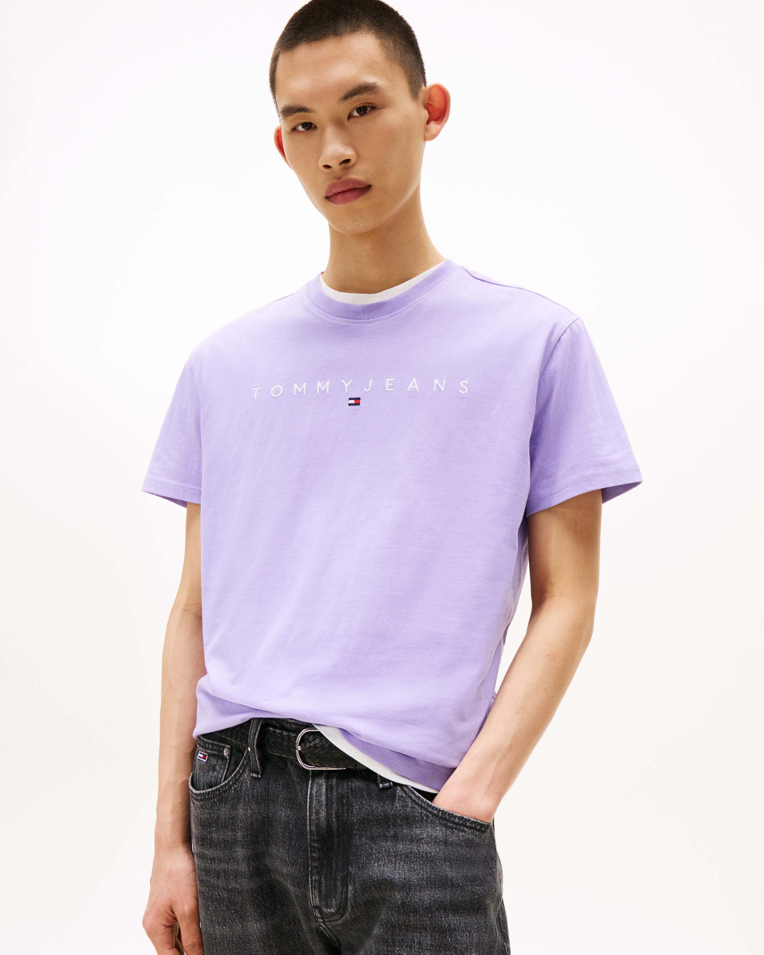 T-shirt mezza manica lilla in puro cotone regular fit con scritta logo ricamata sul petto