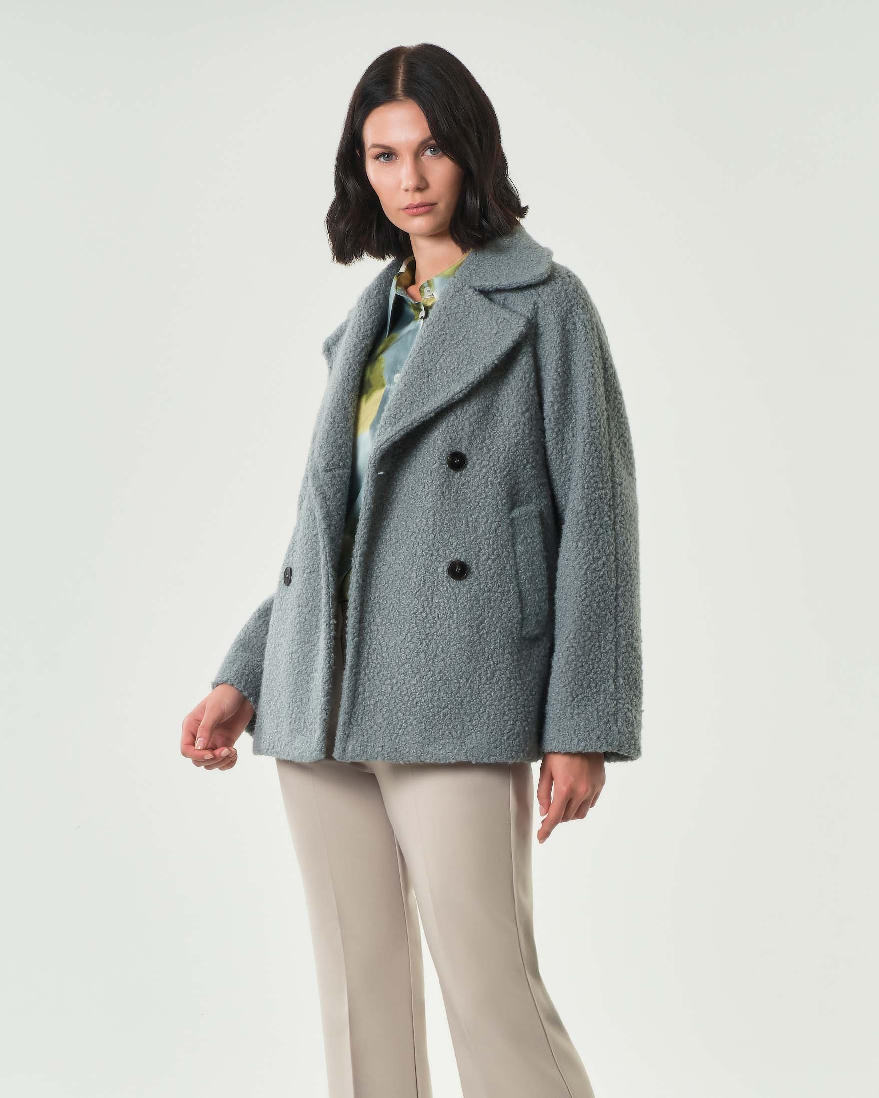 Cappotto azzurro doppiopetto Emme Marella in tessuto effetto teddy