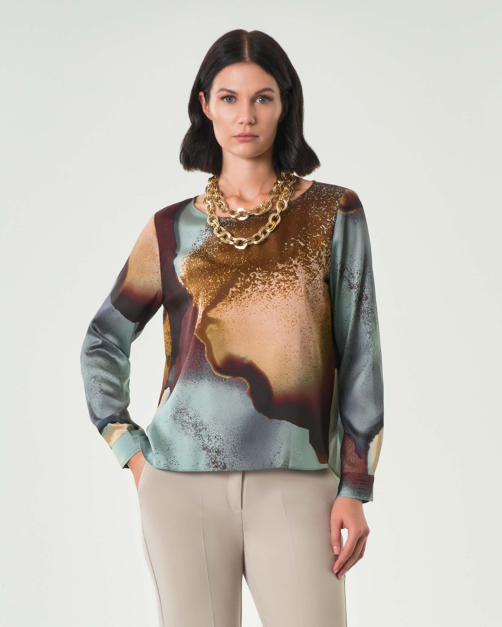 Blusa girocollo blu Emme Marella a fantasia azzurra e marrone