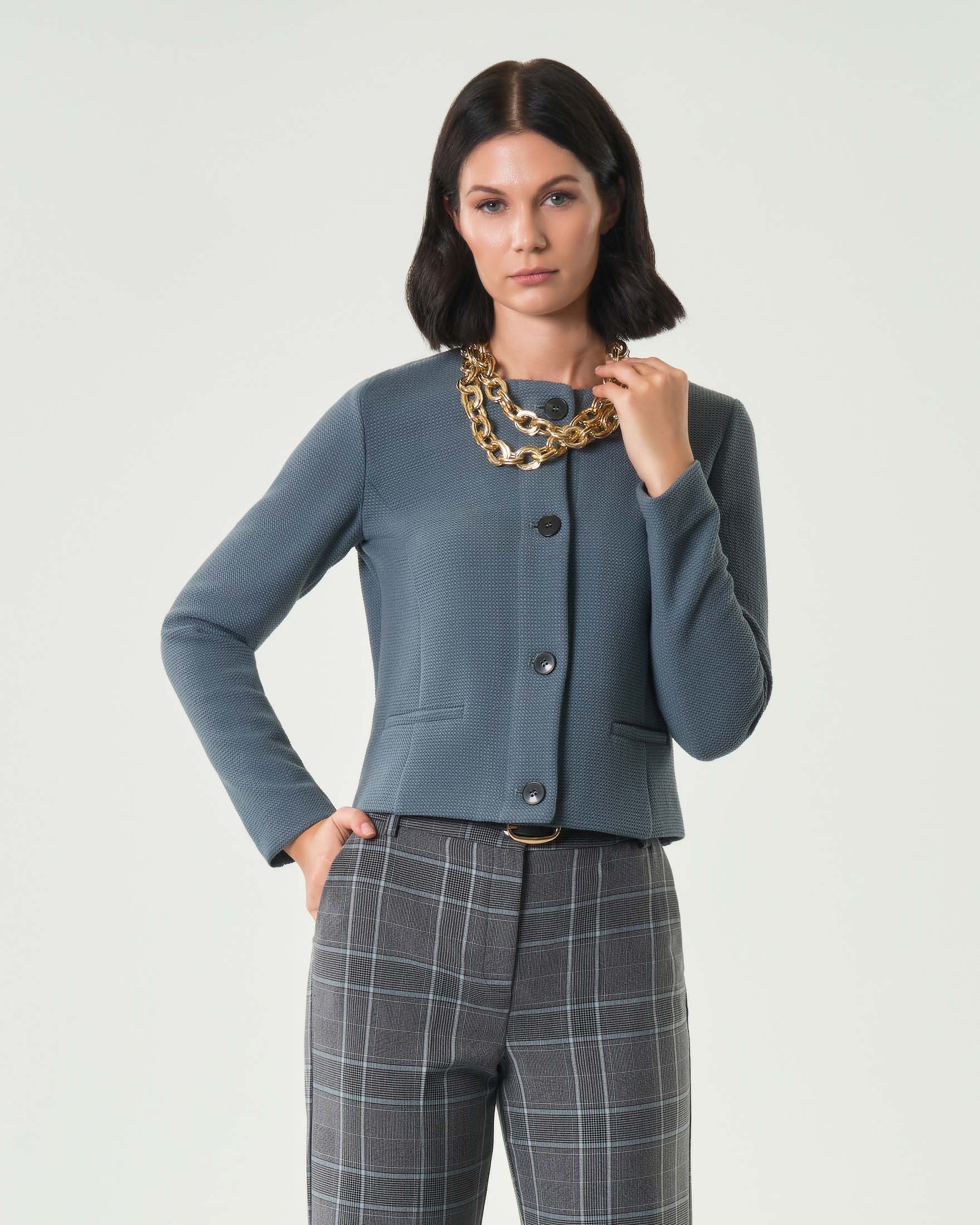 Giacchina corta azzurra Emme Marella in stuoia armaturata di misto viscosa stretch