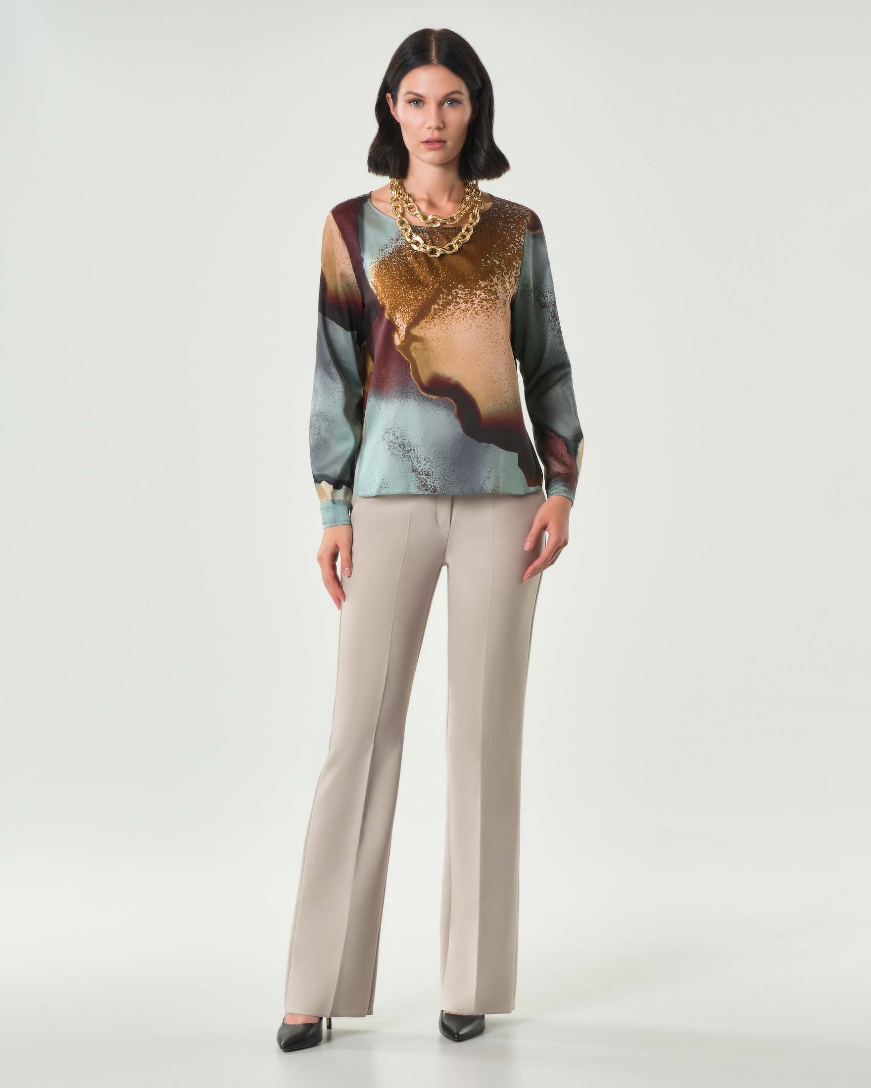 Pantaloni flare color sabbia Emme Marella in tessuto bistretch di misto viscosa