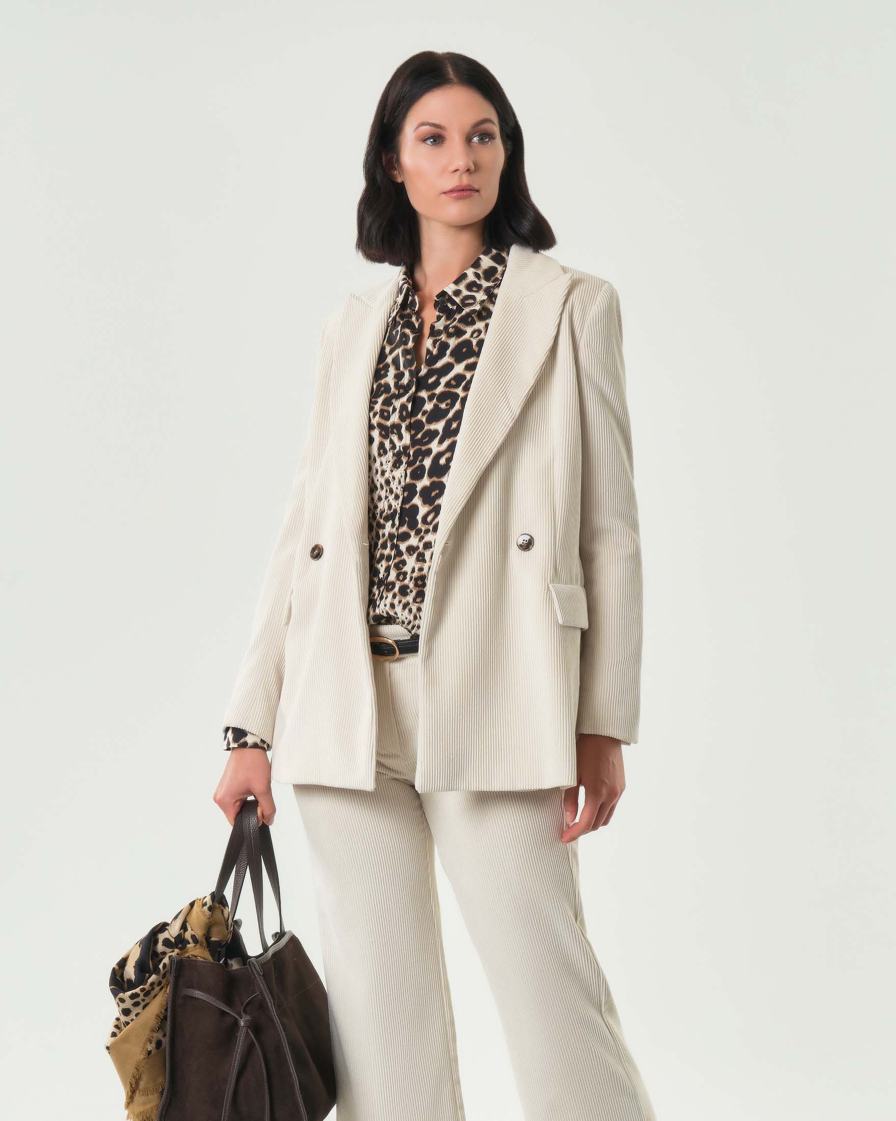 Blazer doppiopetto color panna Emme Marella in velluto a righe con scollo a rever