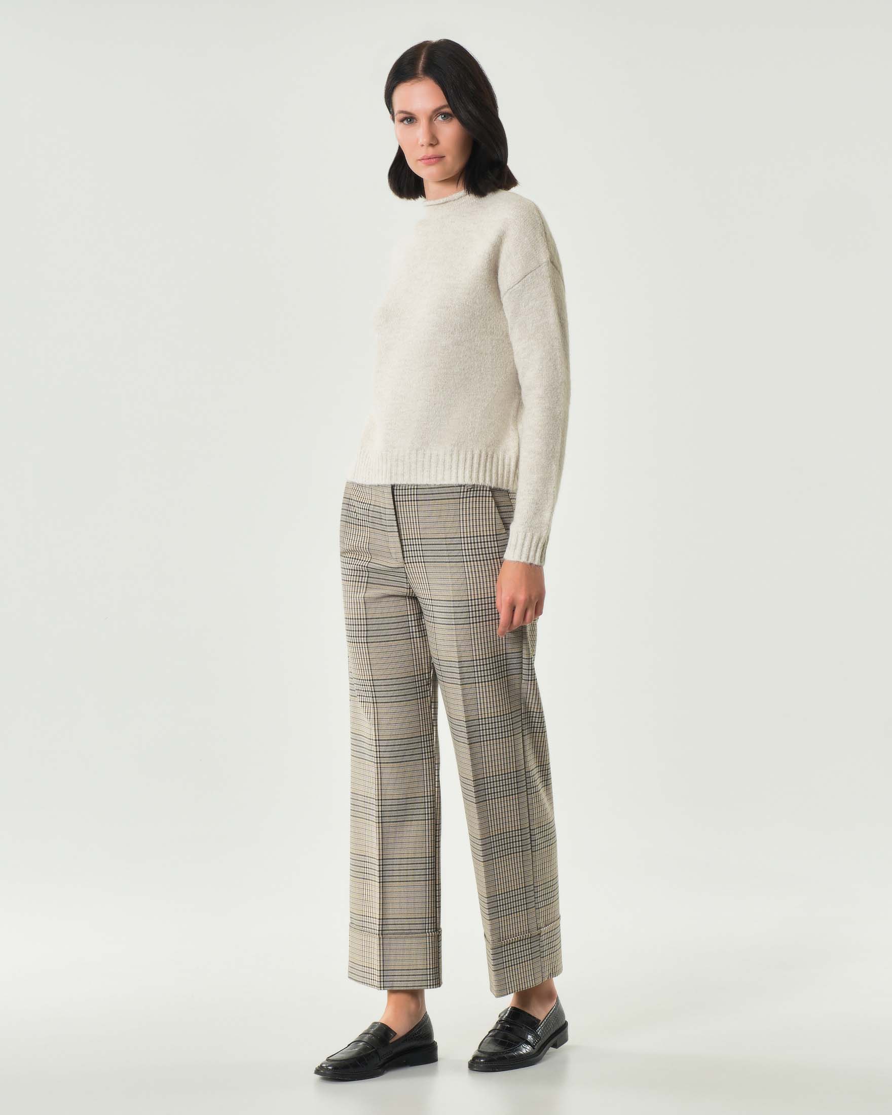 Pantaloni alla caviglia Emme Marella a fantasia check verde militare e beige con risvolto al fondo