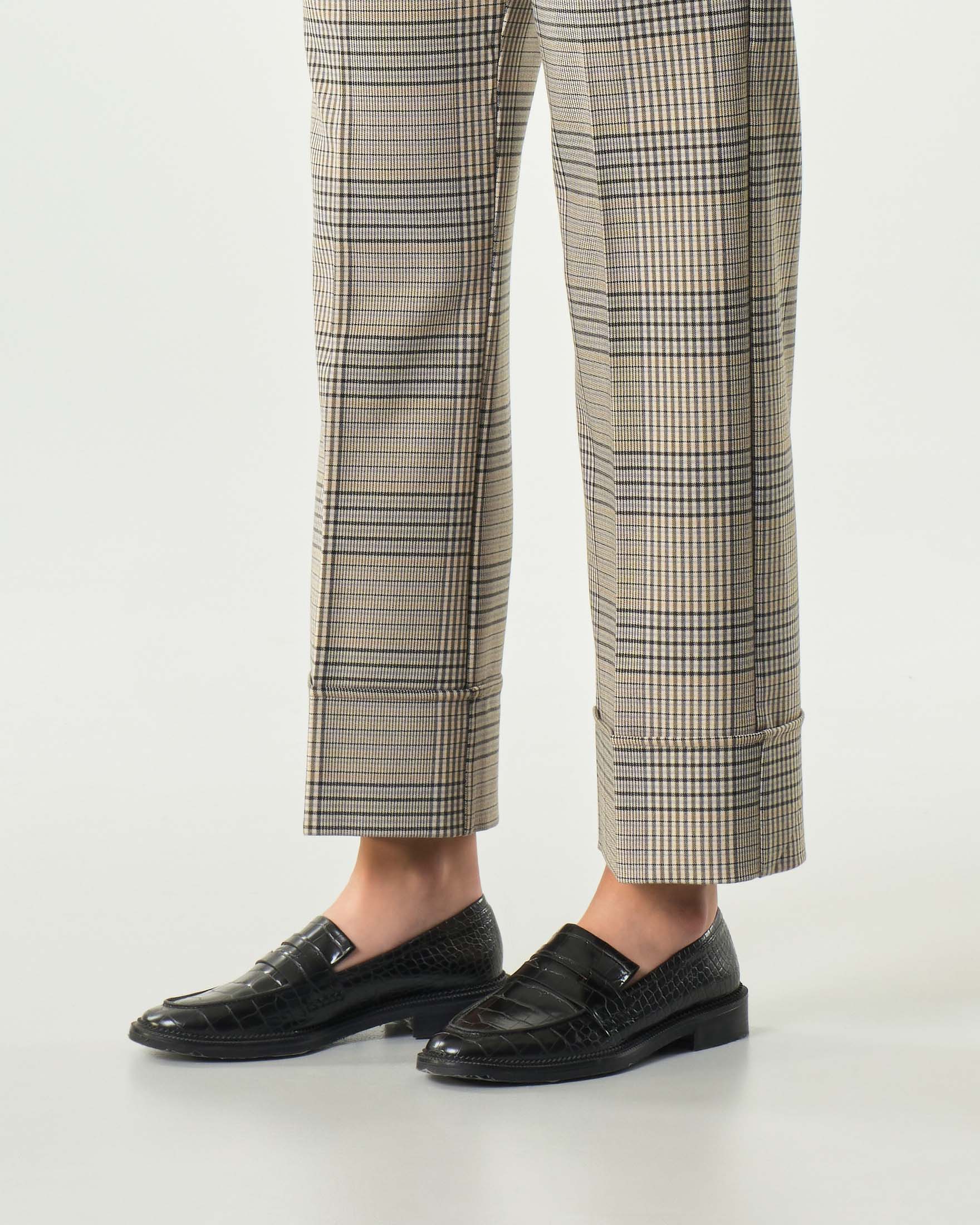 Pantaloni alla caviglia Emme Marella a fantasia check verde militare e beige con risvolto al fondo