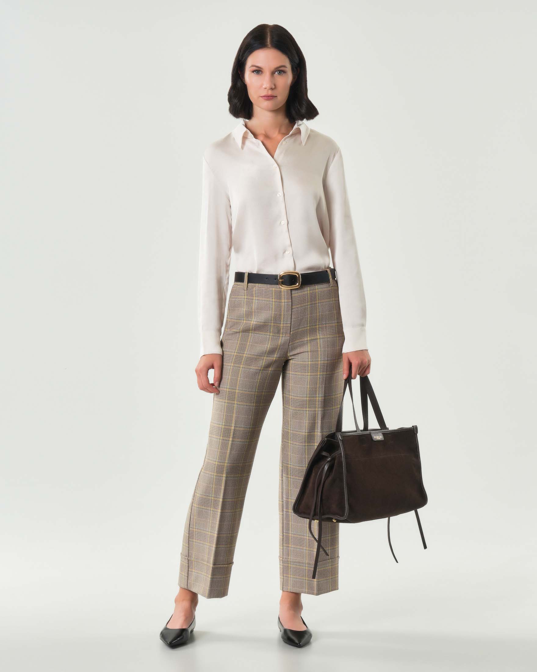 Pantaloni alla caviglia Emme Marella a fantasia check color noce e giallo con risvolto al fondo