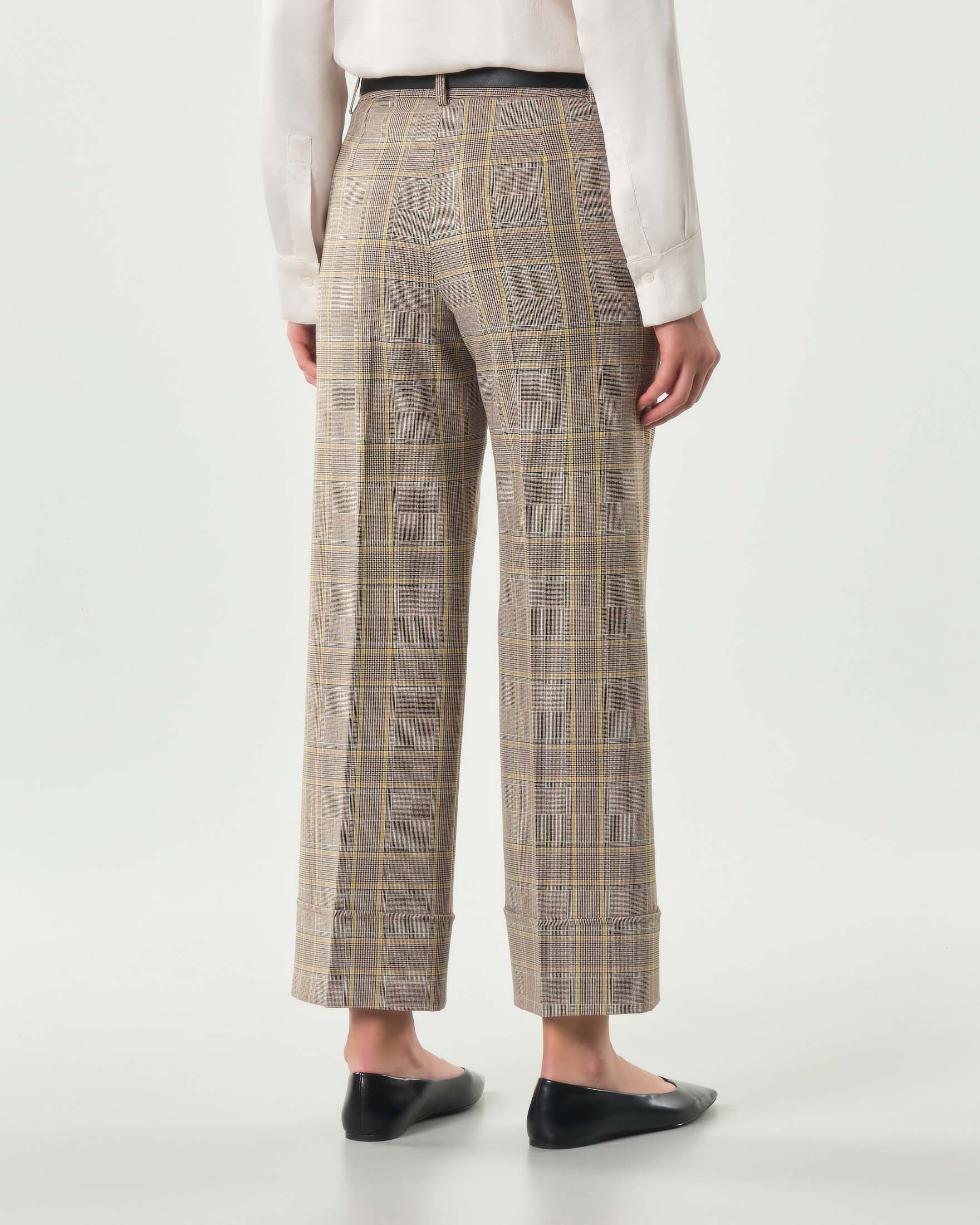 Pantaloni alla caviglia Emme Marella a fantasia check color noce e giallo con risvolto al fondo