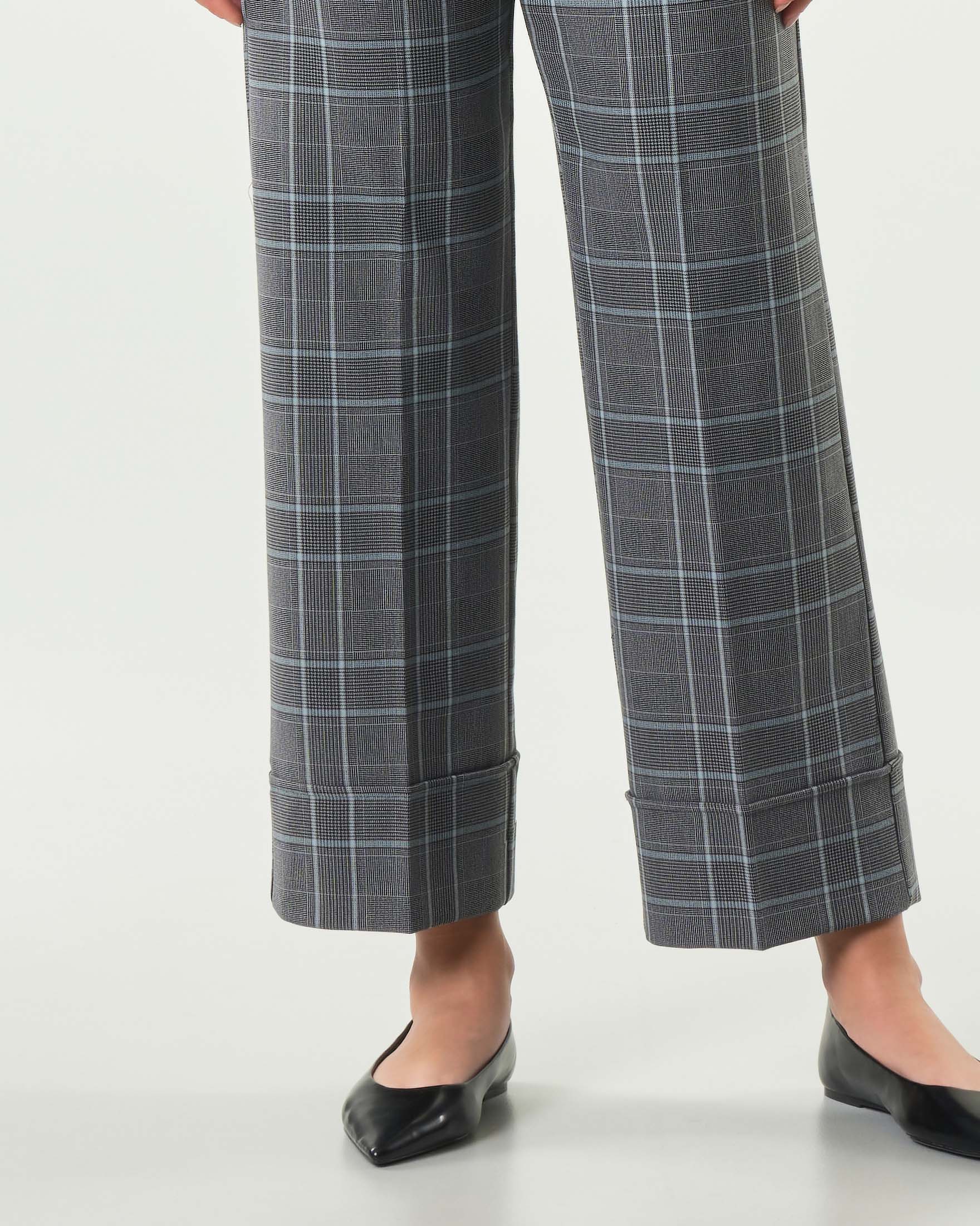 Pantaloni alla caviglia Emme Marella a fantasia check grigio e azzurro con risvolto al fondo