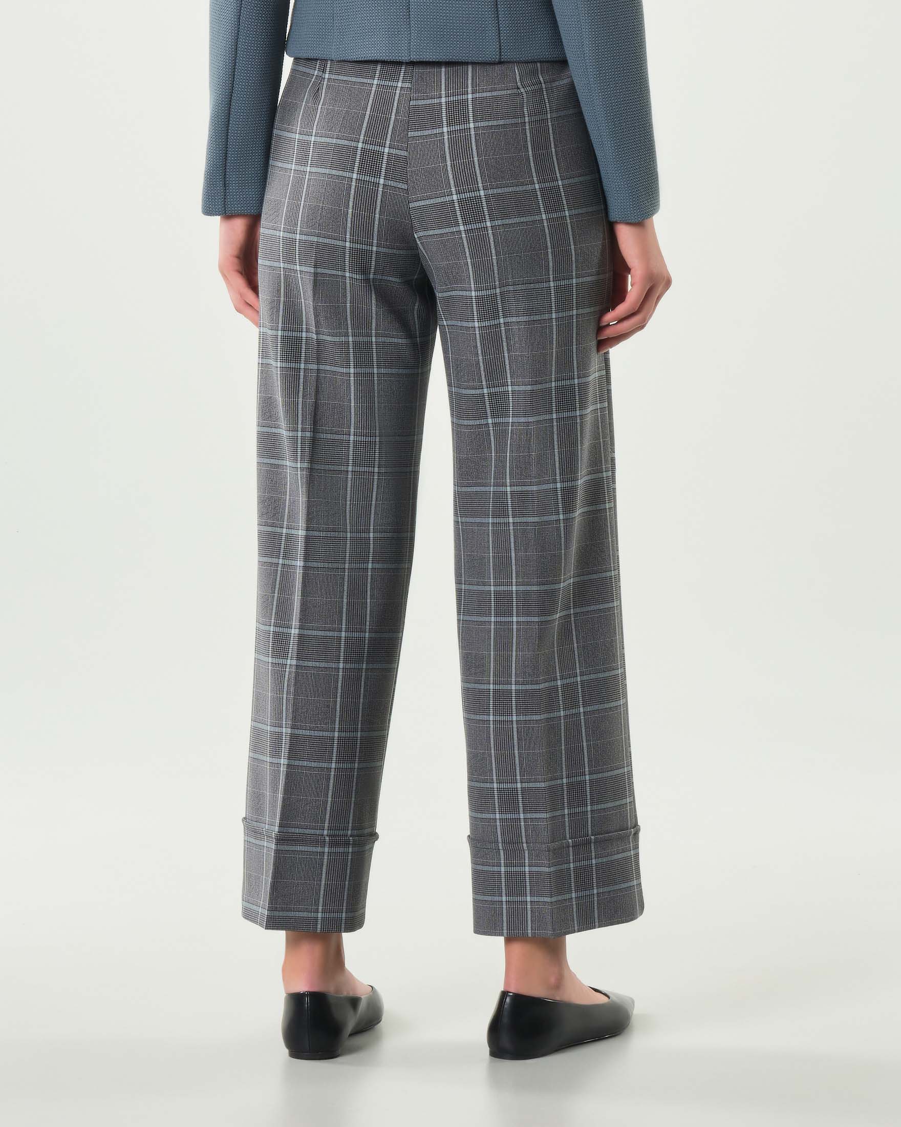 Pantaloni alla caviglia Emme Marella a fantasia check grigio e azzurro con risvolto al fondo