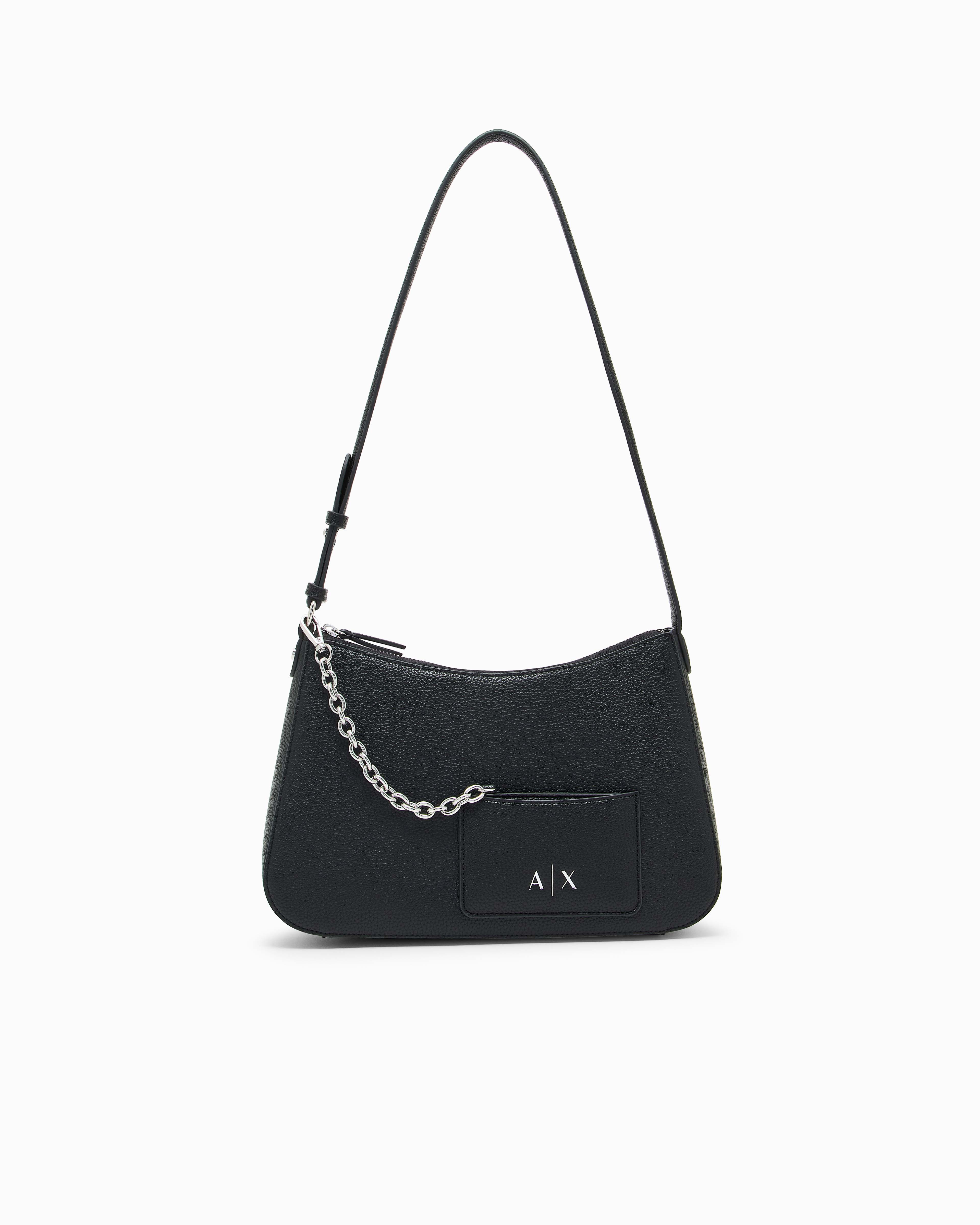 Borsa a spalla Exchange nera in similpelle con portacarte frontale con catena e scritta logo