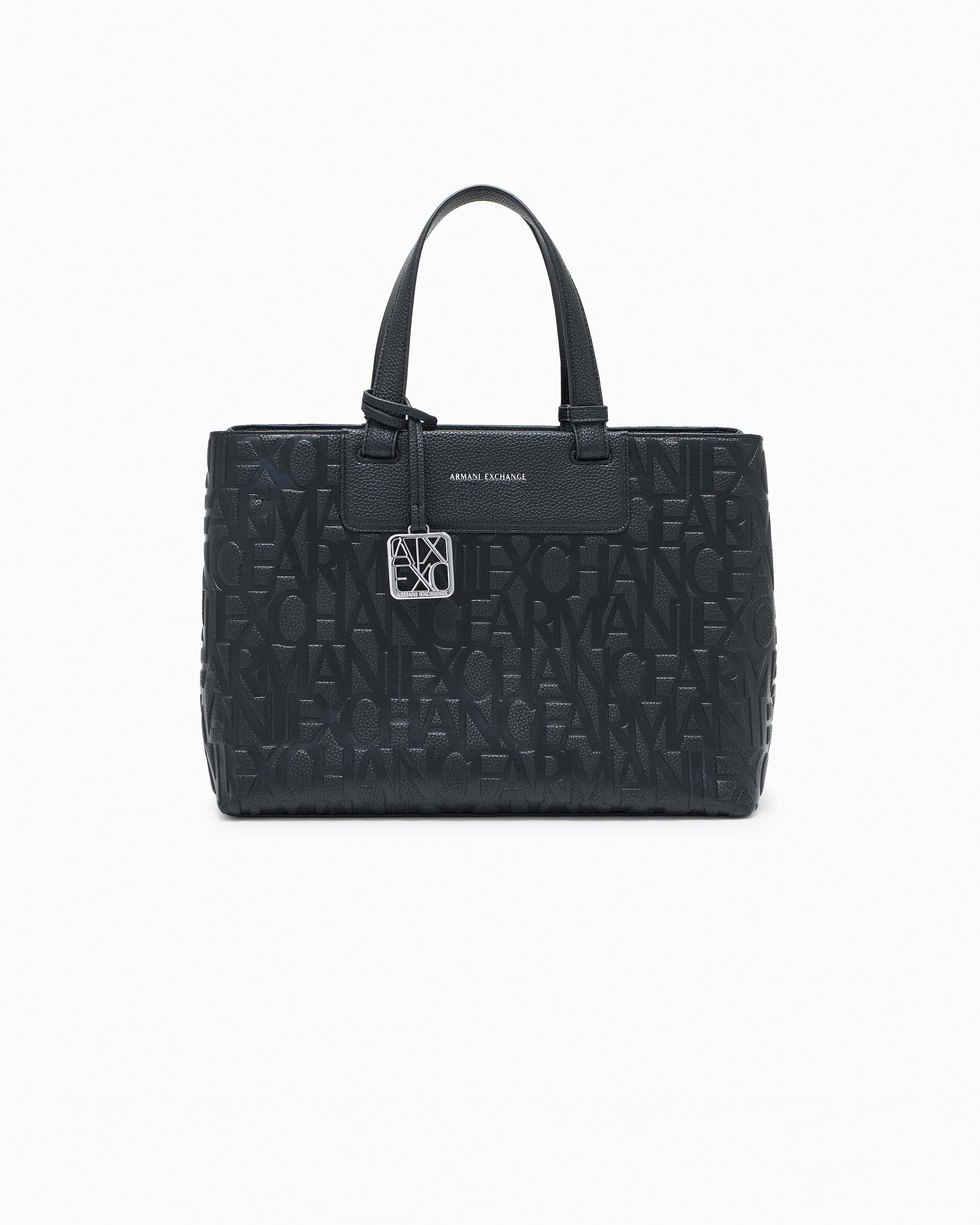 Borsa a mano Armani Exchange nera in similpelle con logo in rilievo