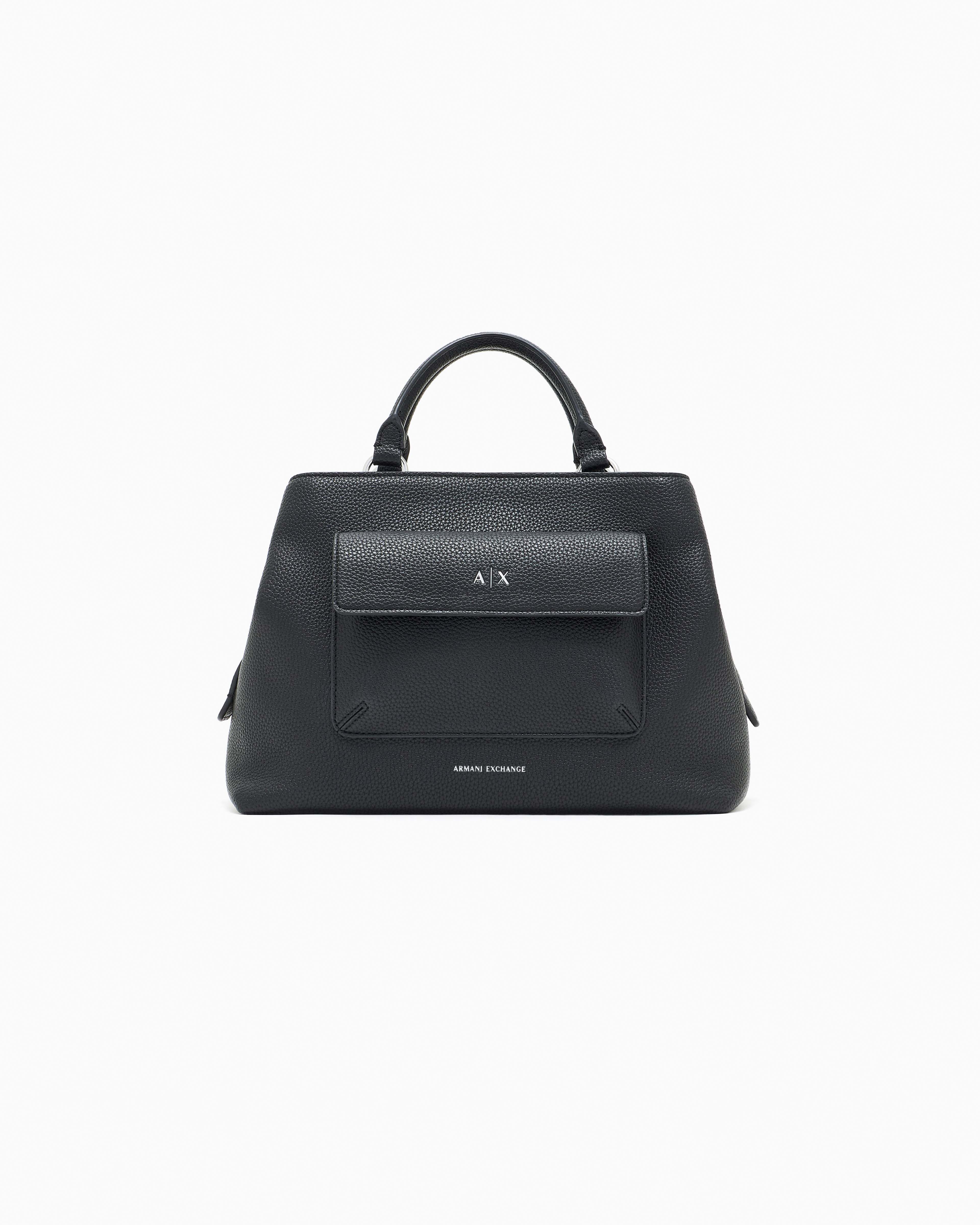 Borsa a mano Exchange nera in similpelle martellata con tasca frontale e tracolla in tessuto con scritta logo