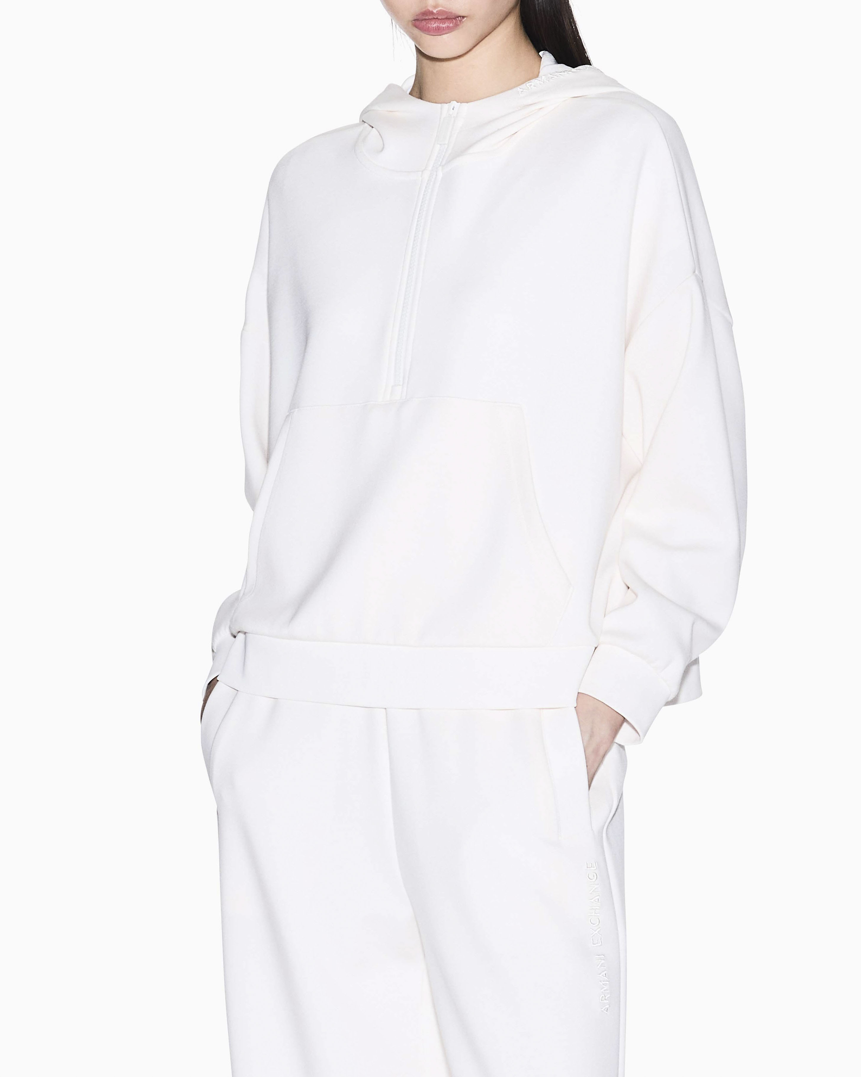 Felpa Armani Exchange bianca in misto viscosa con cappuccio e dettagli in maglia