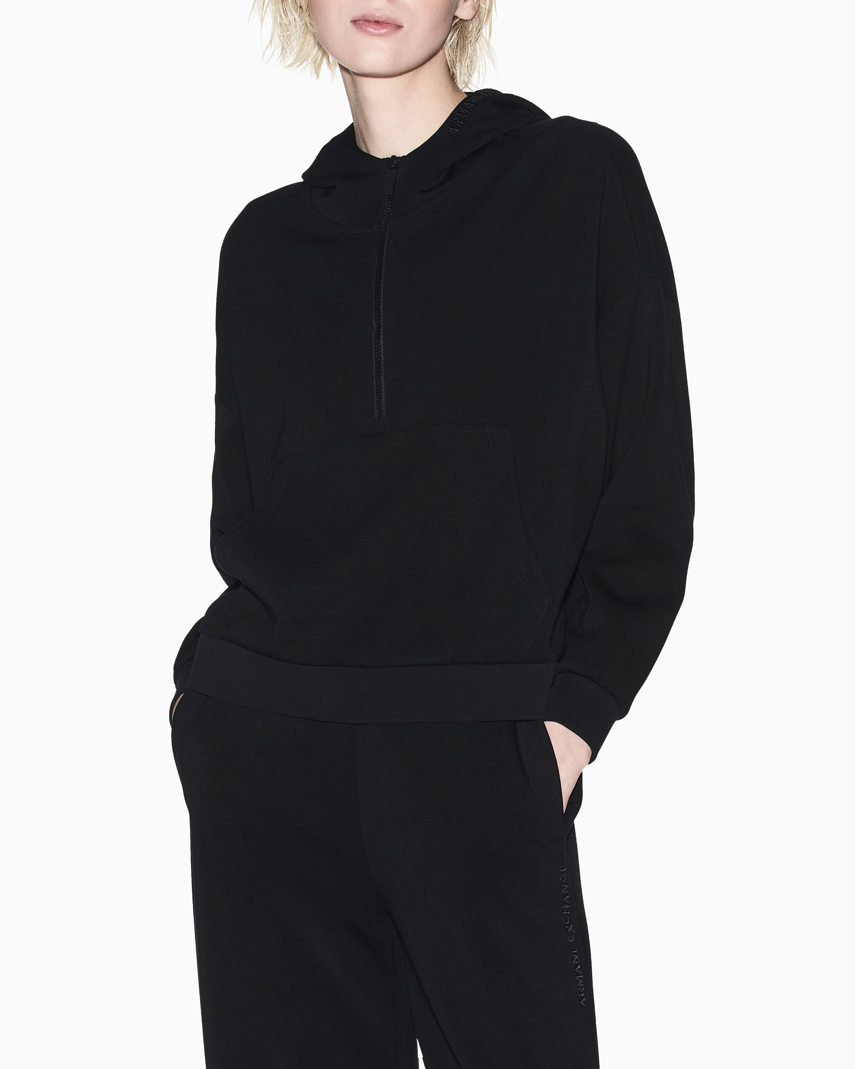 Felpa con cappuccio Armani Exchange nera in misto viscosa con dettagli in maglia