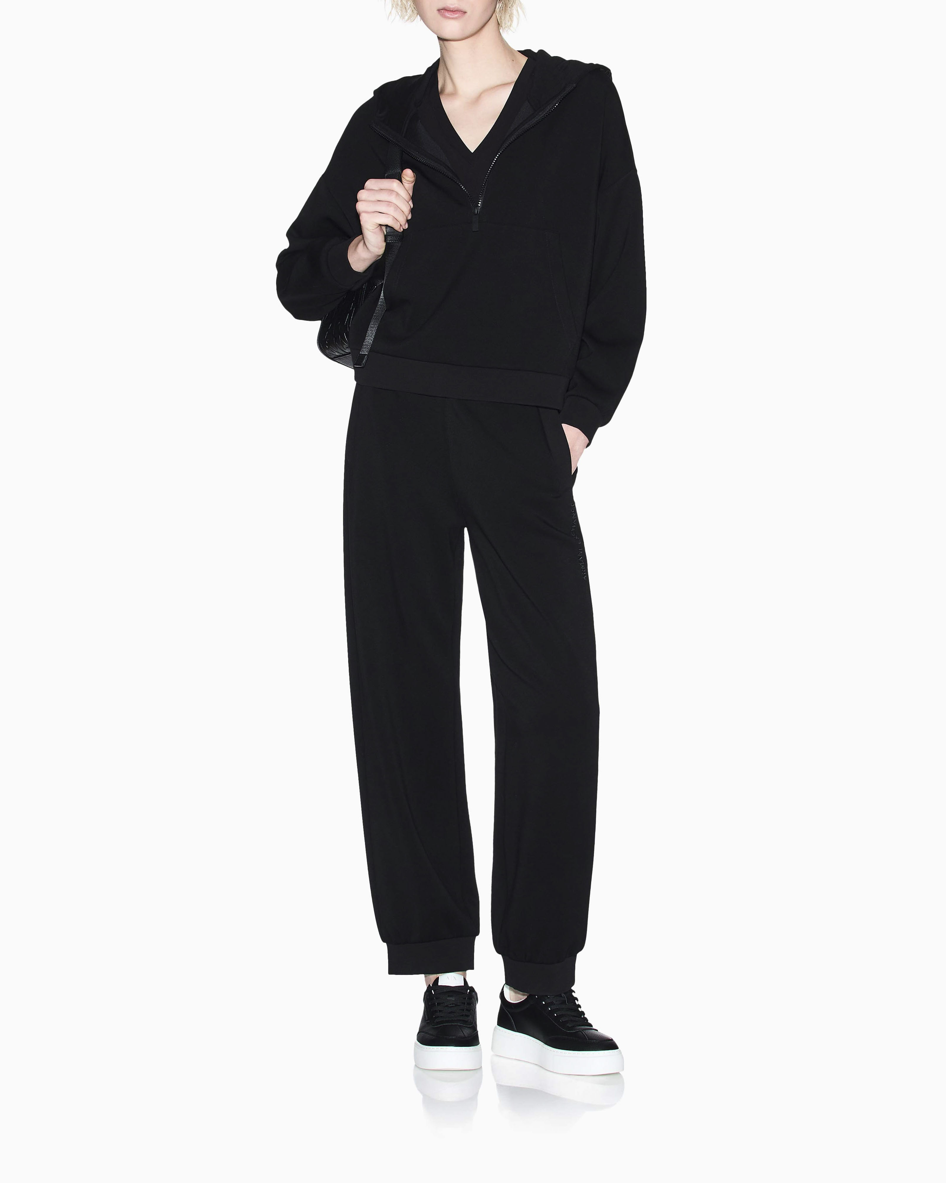 Felpa con cappuccio Armani Exchange nera in misto viscosa con dettagli in maglia image