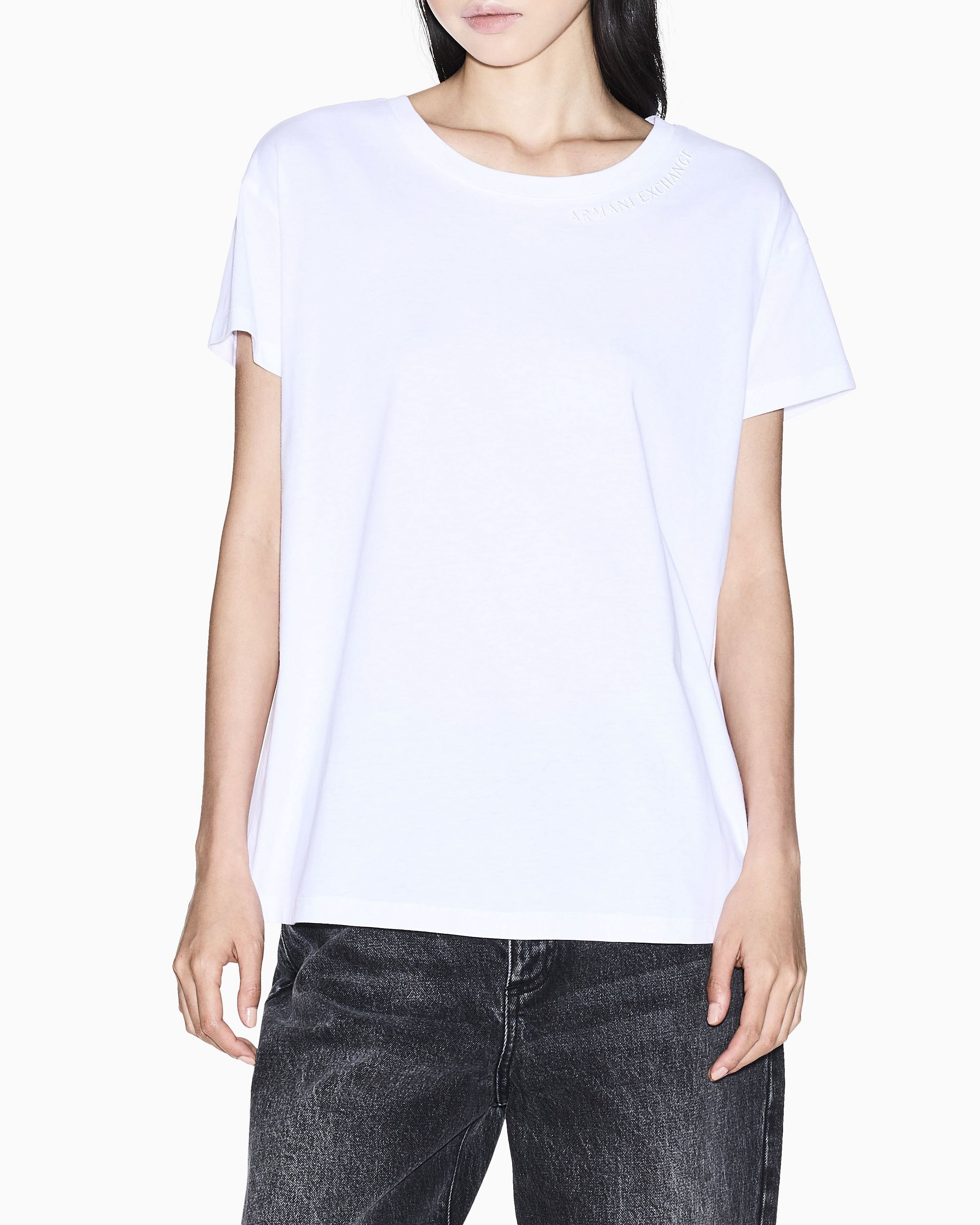 T-shirt Armani Exchange bianca in cotone con logo in rilievo sullo scollo