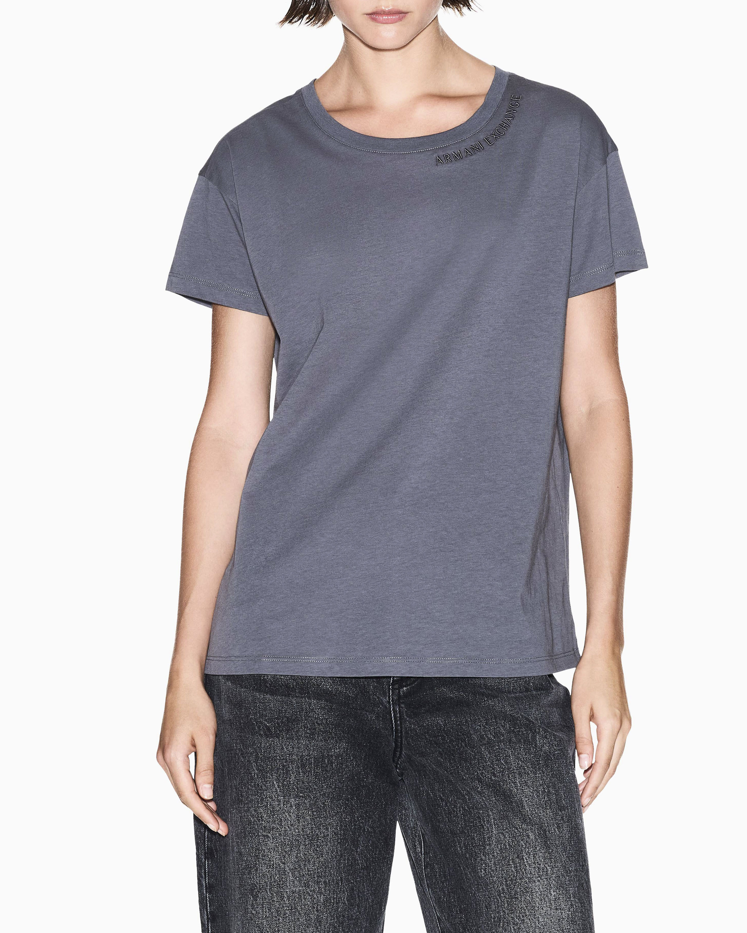 T-shirt Exchange grigia in cotone con logo in rilievo sullo scollo