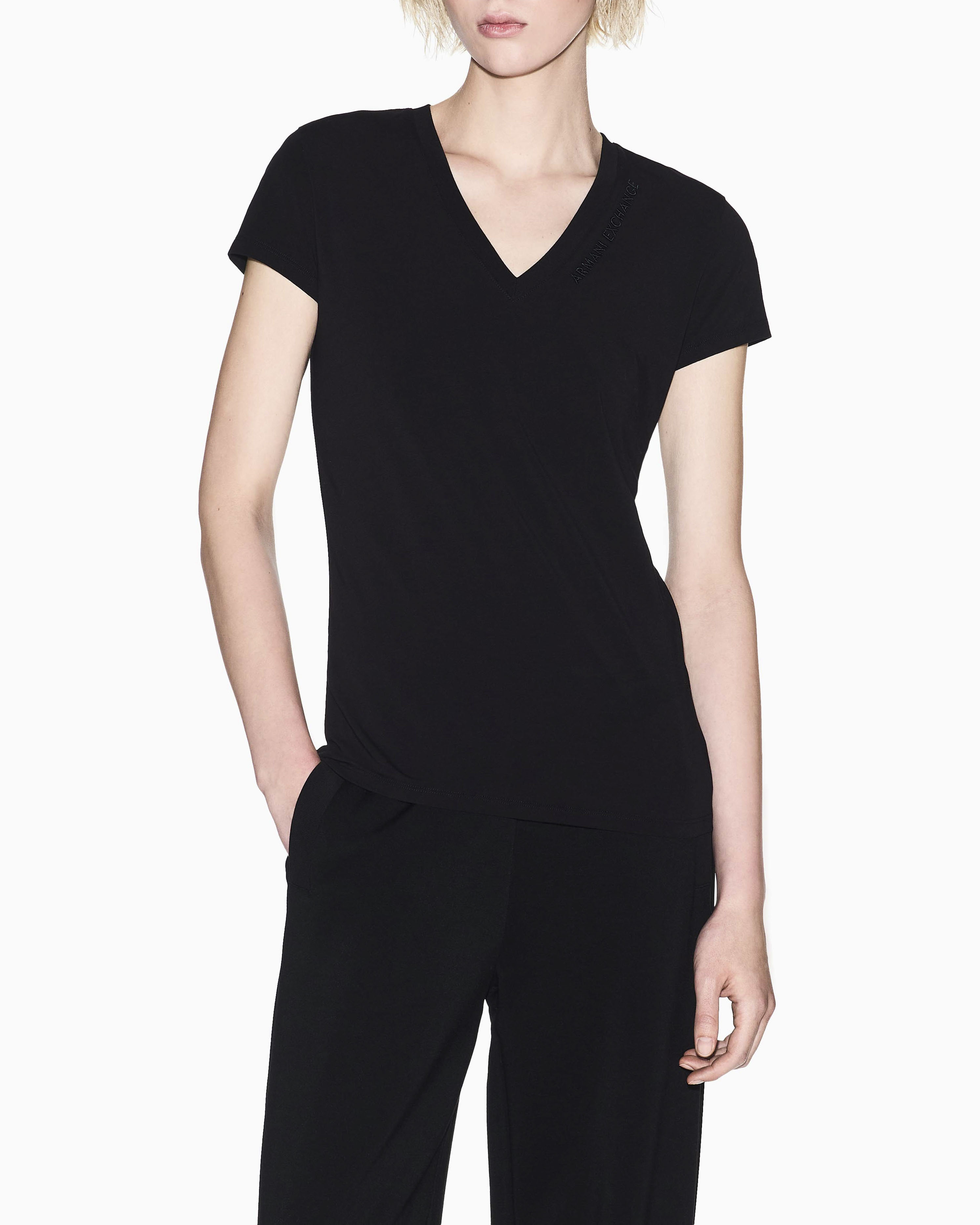 T-shirt Armani Exchange nera in jersey di cotone elasticizzato