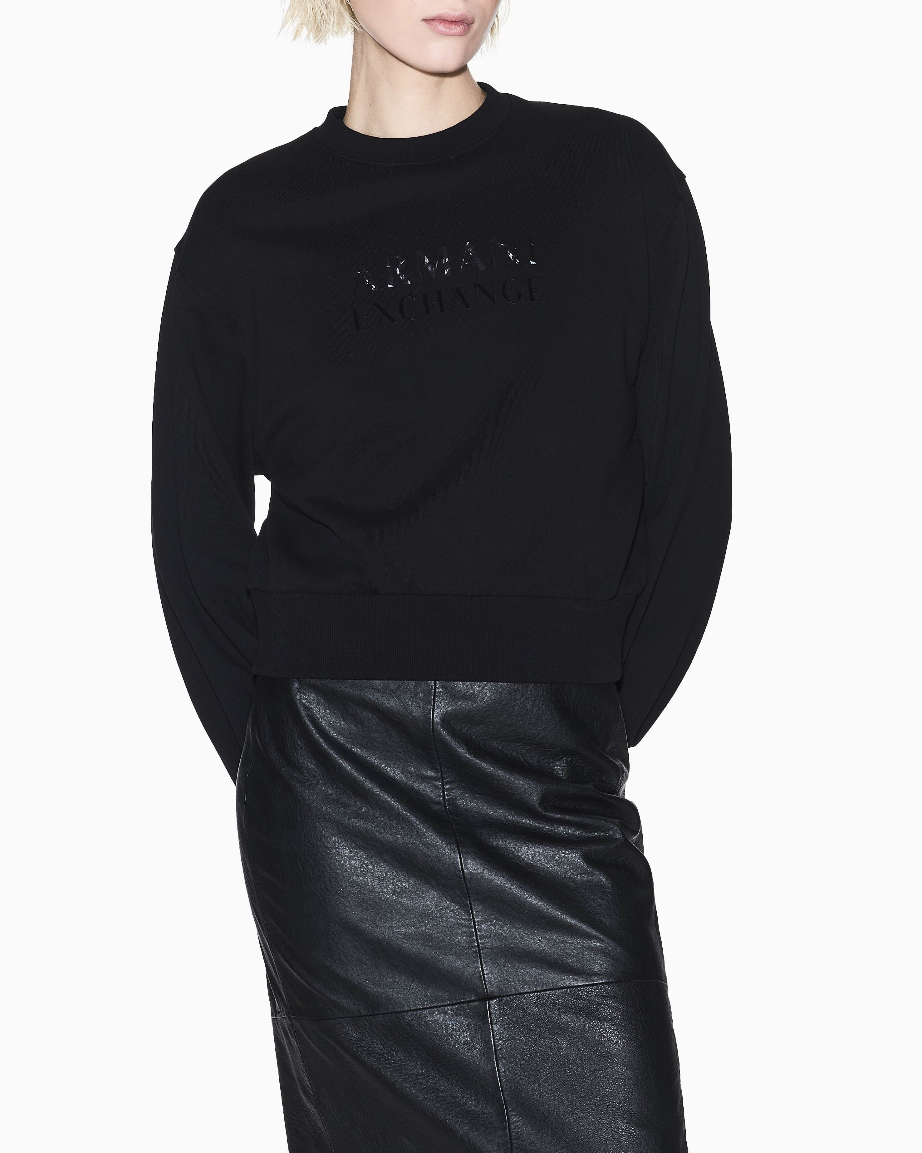 Felpa Armani Exchange nera in cotone con dettagli in maglia elasticizzata