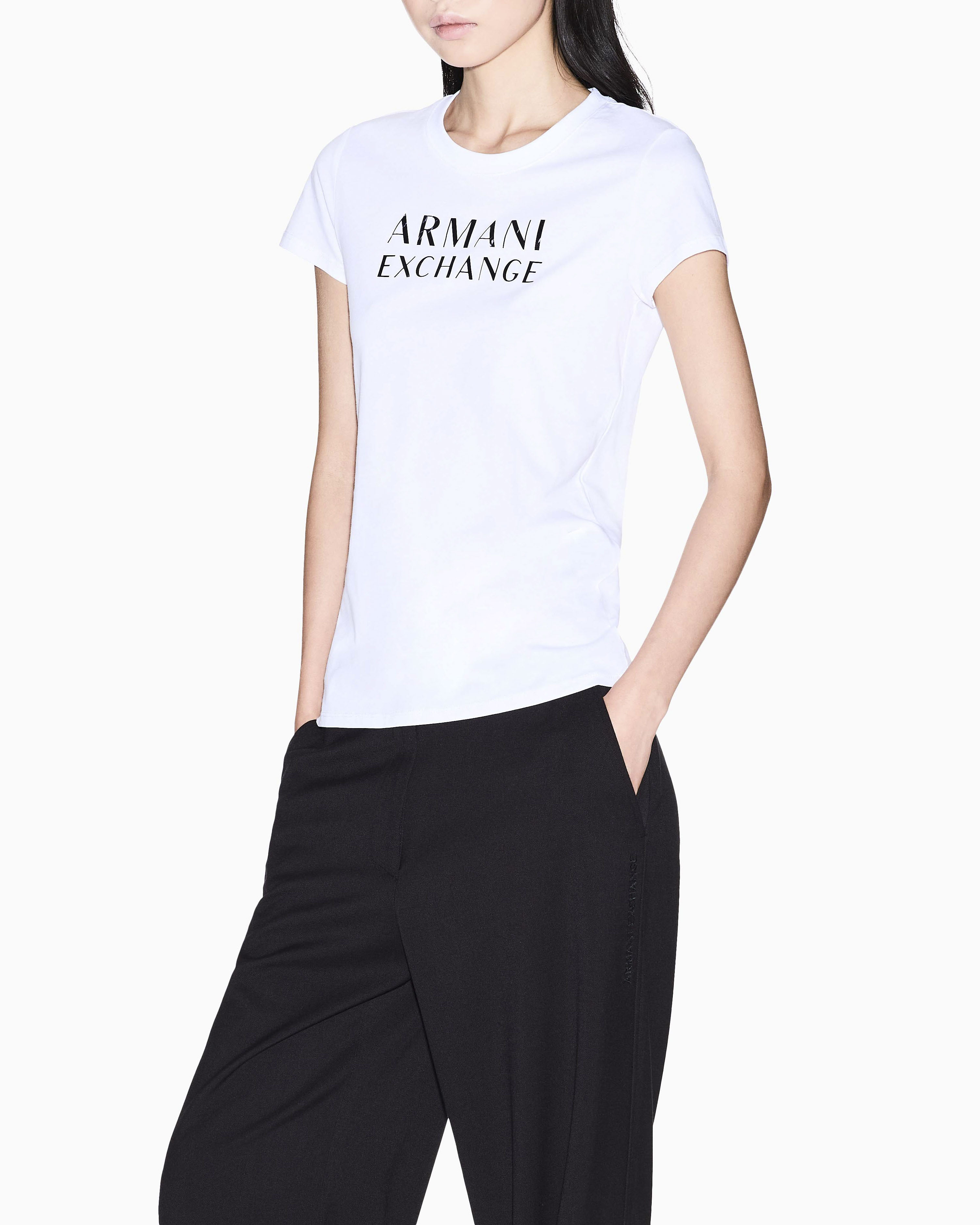 T-shirt Exchange bianca in cotone con stampa logo frontale