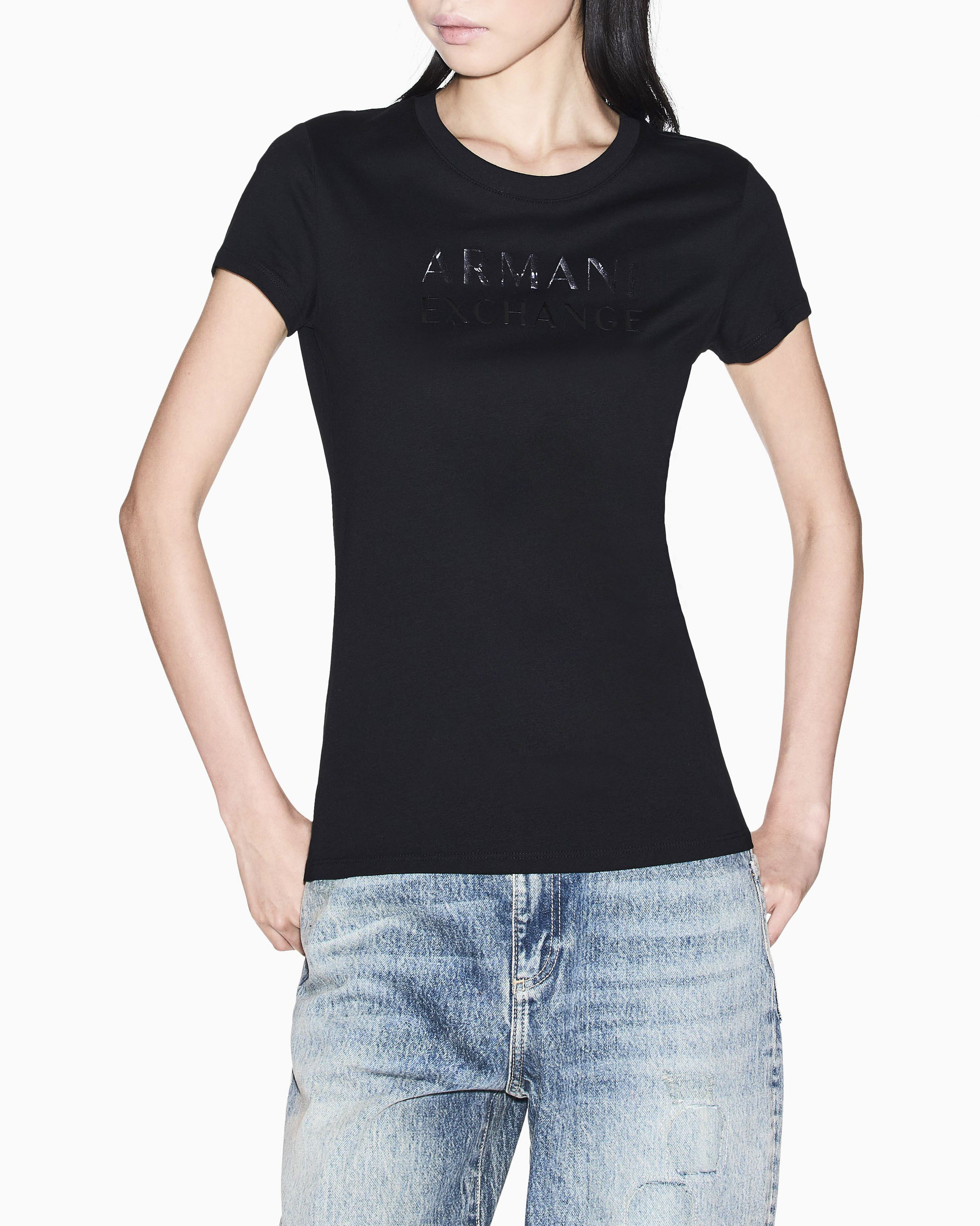 T-shirt Exchange nera in cotone con logo in rilievo
