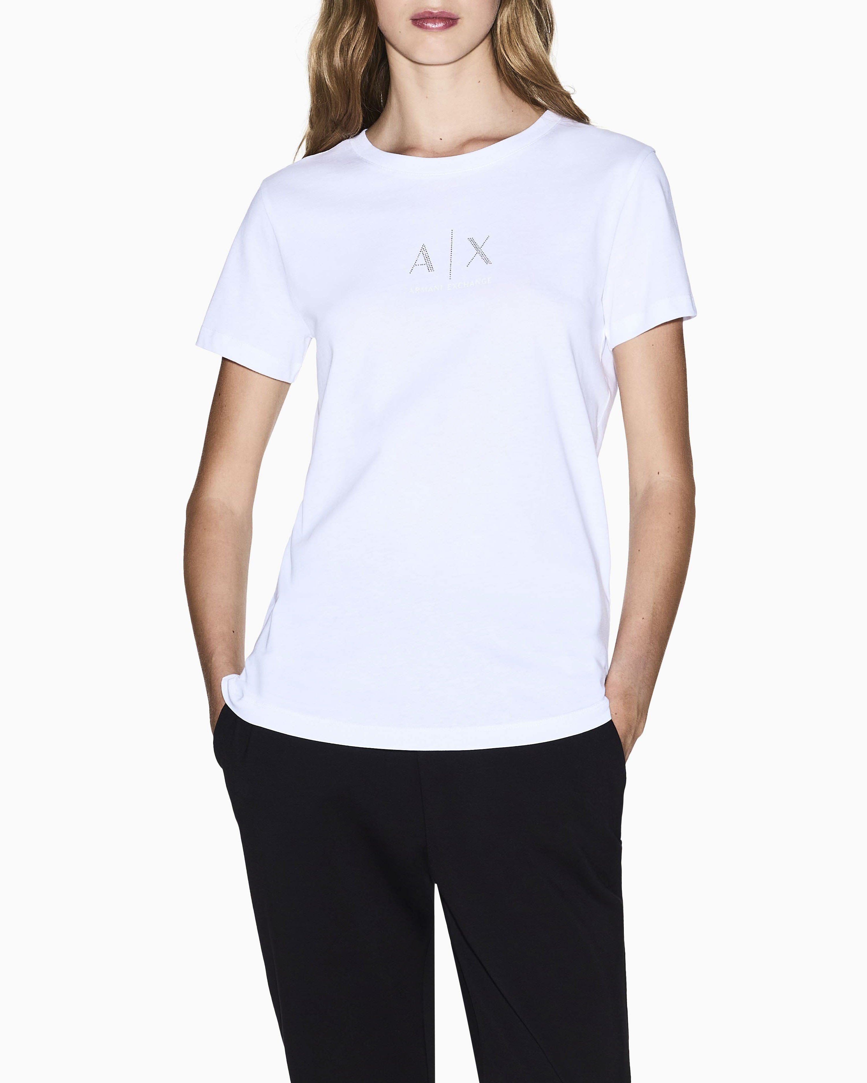 T-shirt Exchange bianca in cotone con logo in rilievo argento