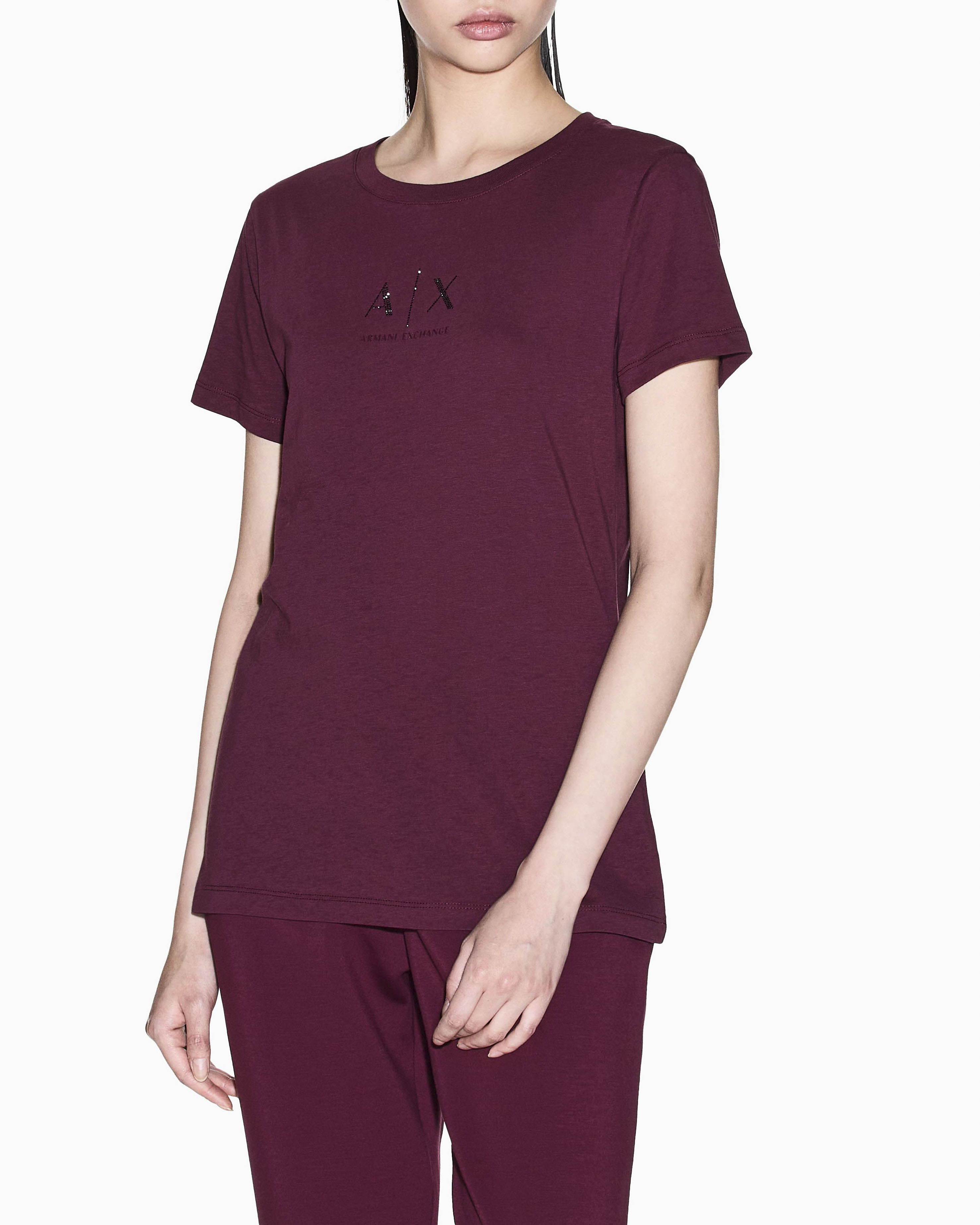 T-shirt Armani Exchange bordeaux in cotone con logo in rilievo