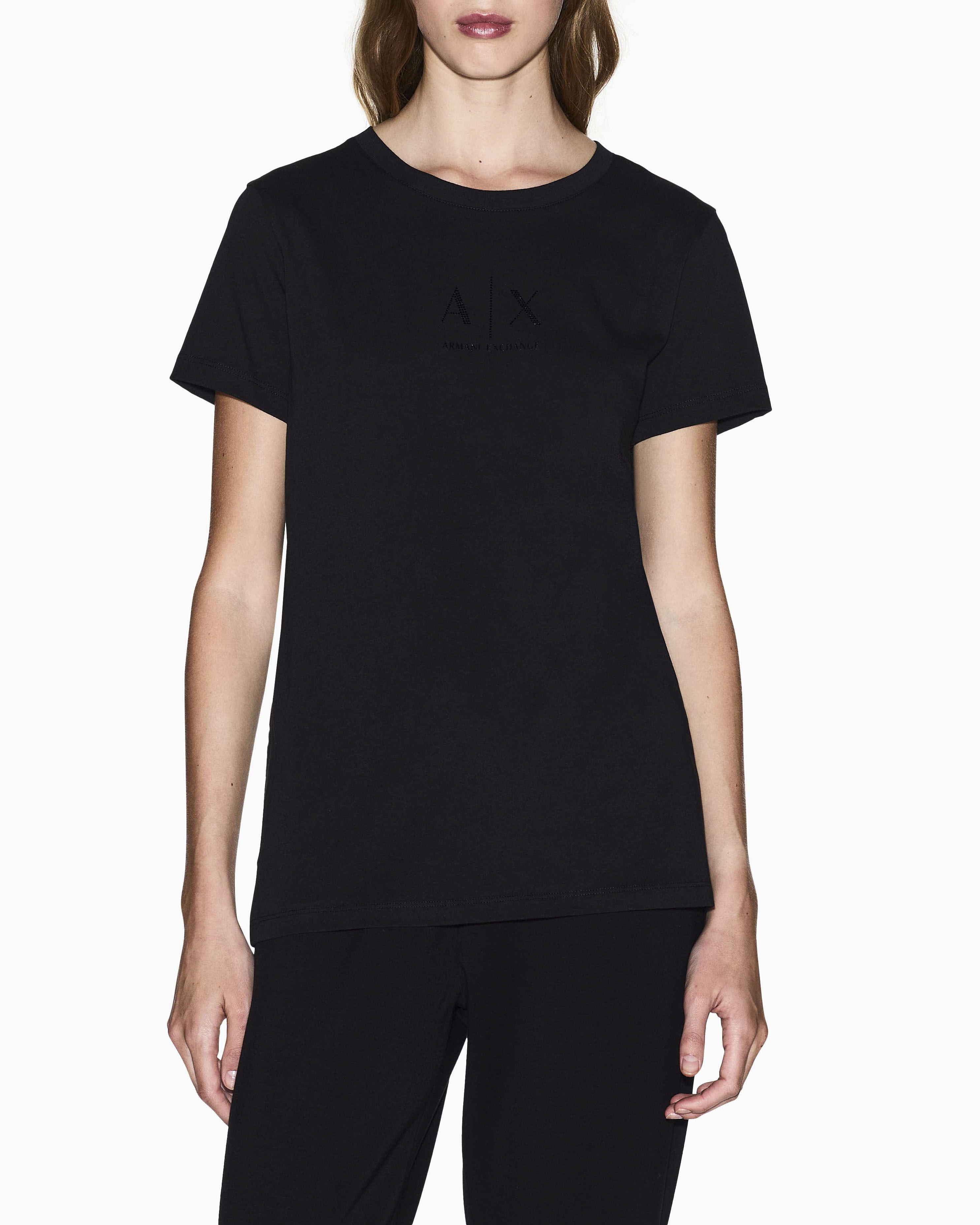 T-shirt Exchange nera in cotone con logo in rilievo tono su tono